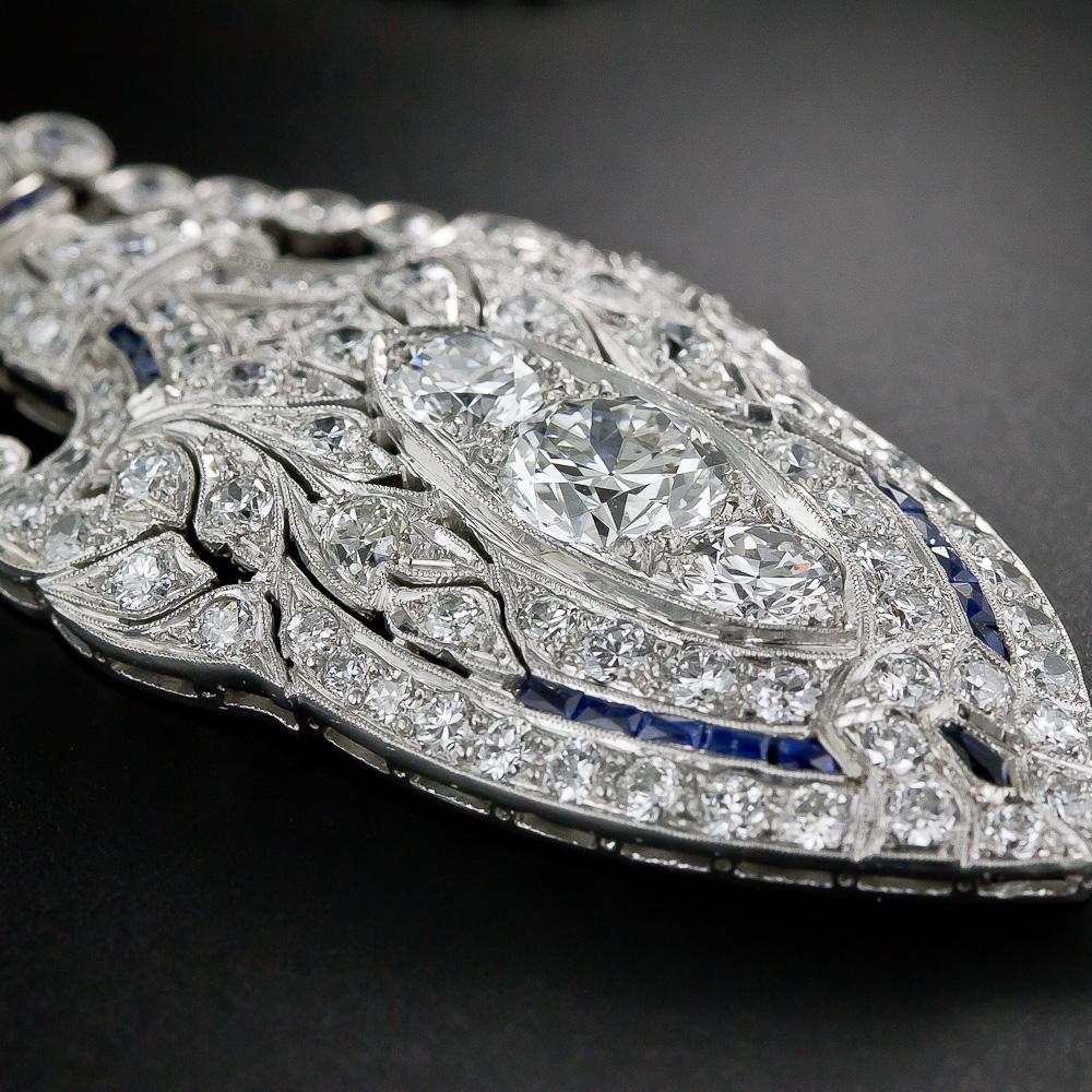 Old European Cut Art Deco Platinum, Diamond and Sapphire Lavaliere Necklace For Sale