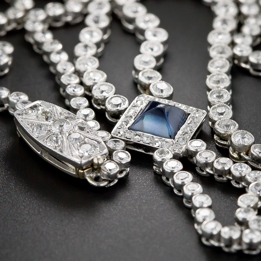 Women's Art Deco Platinum, Diamond and Sapphire Lavaliere Necklace For Sale