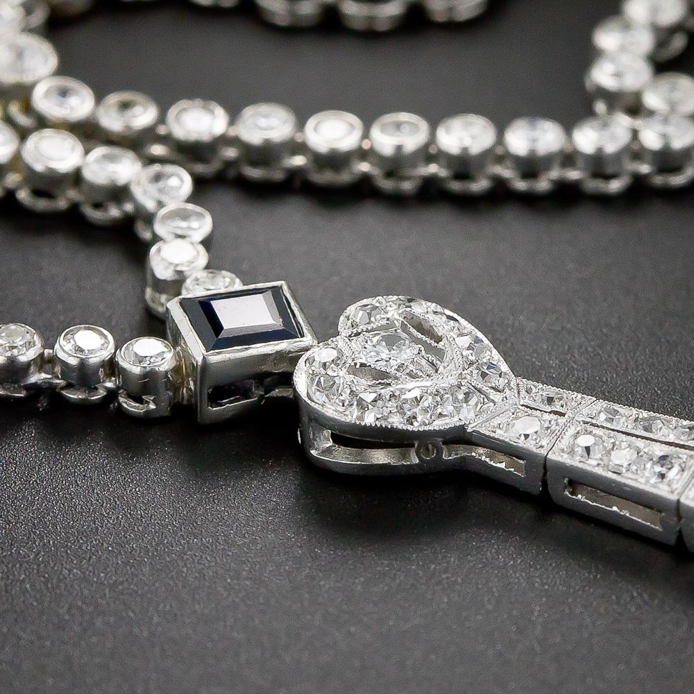 Art Deco Platinum, Diamond and Sapphire Lavaliere Necklace For Sale 1