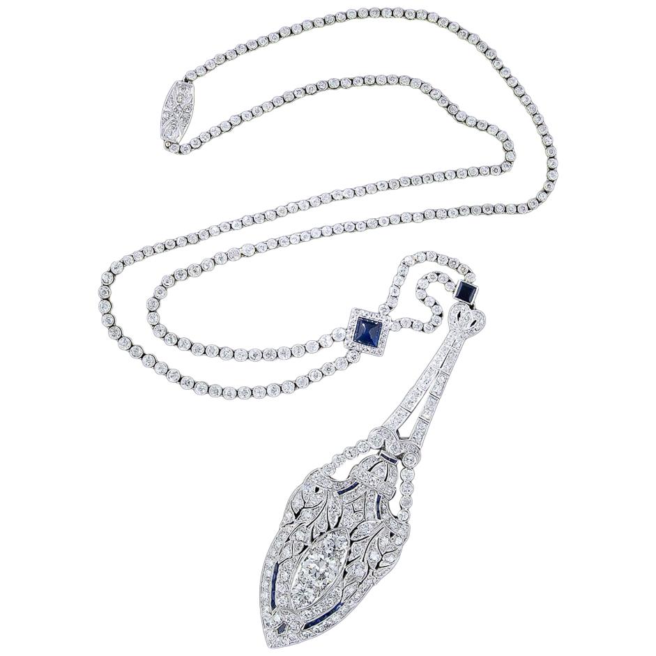 Art Deco Platinum, Diamond and Sapphire Lavaliere Necklace