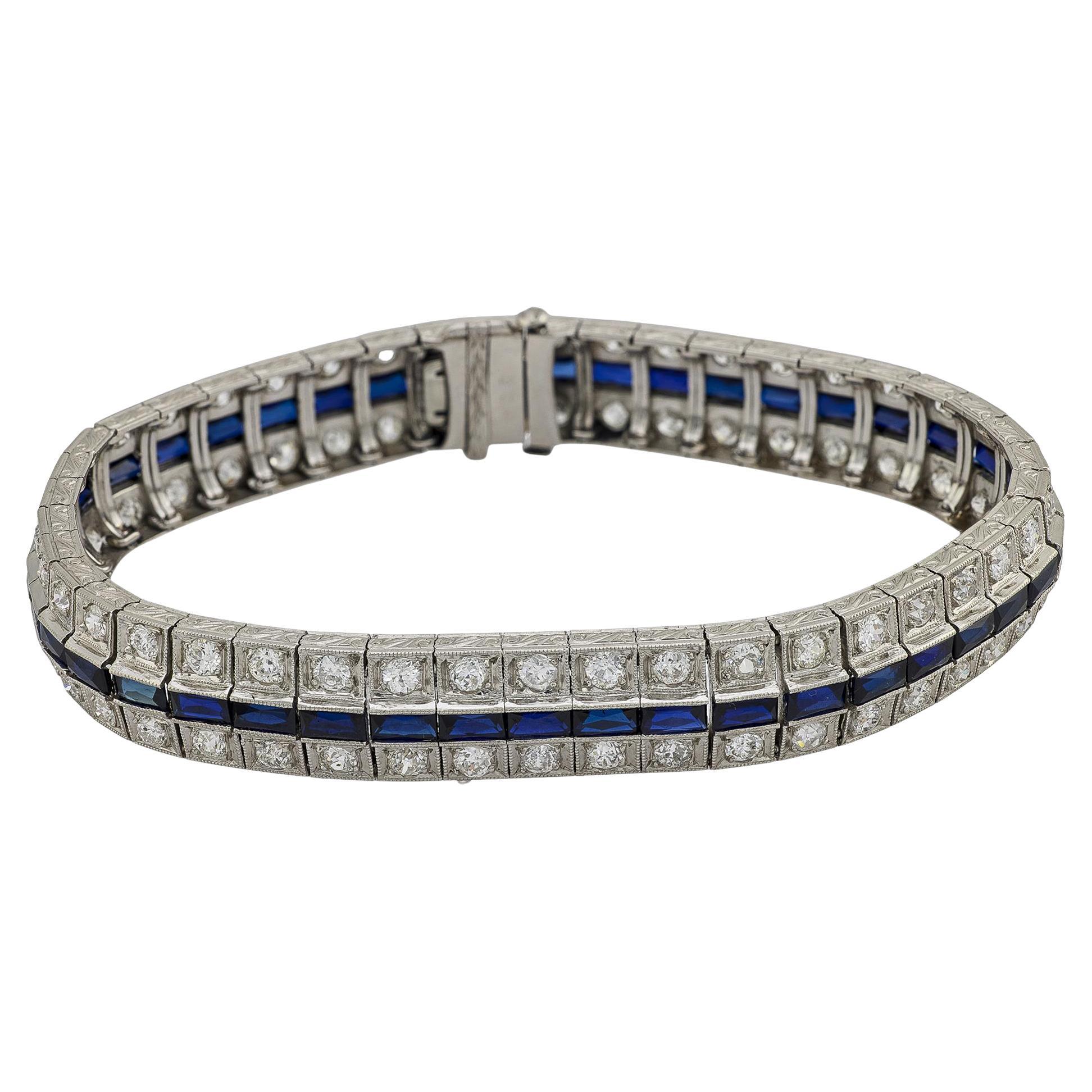 Bracciale Art Line in platino con diamanti e zaffiri in stile Déco