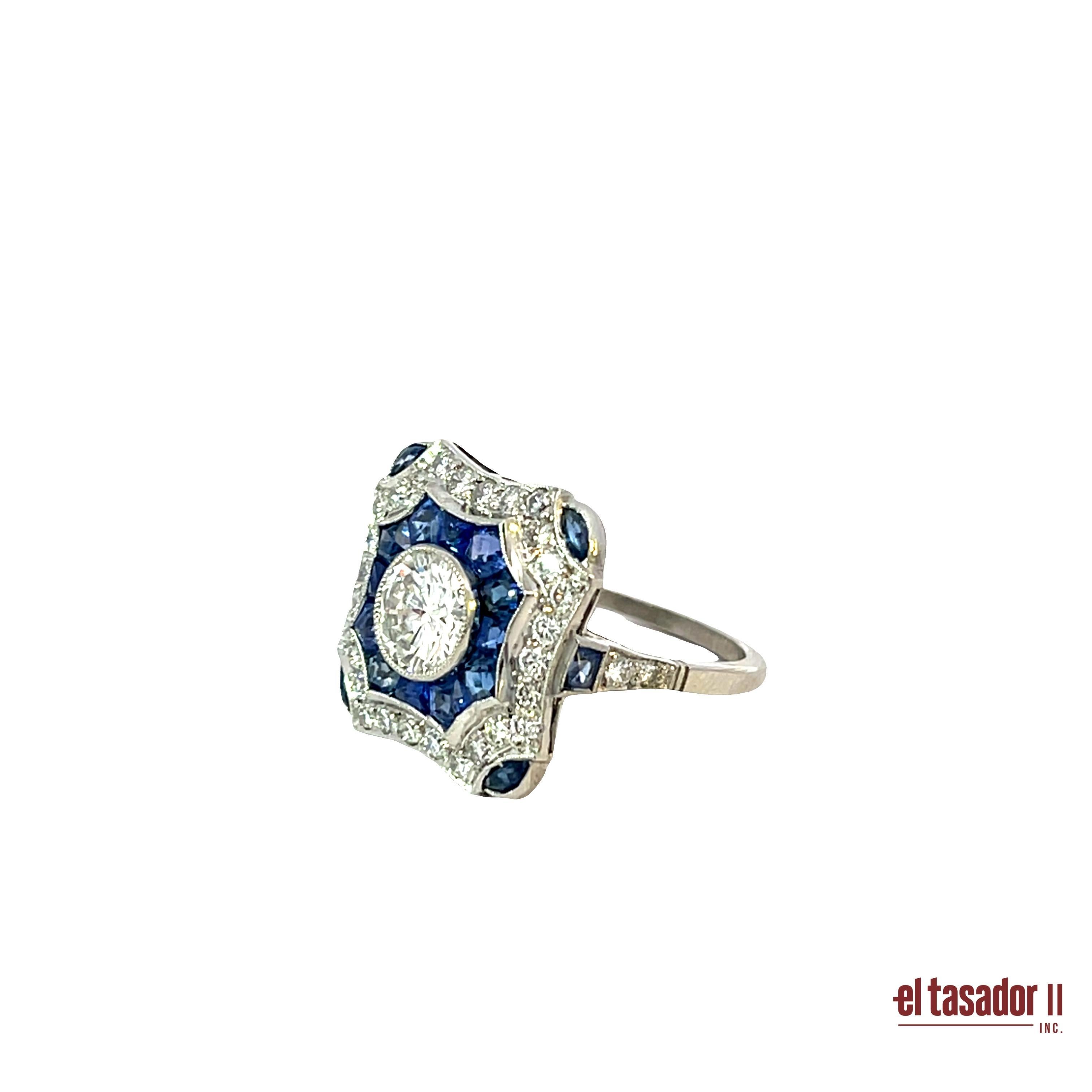 Anello Art Déco in platino con diamanti e zaffiri in vendita 1