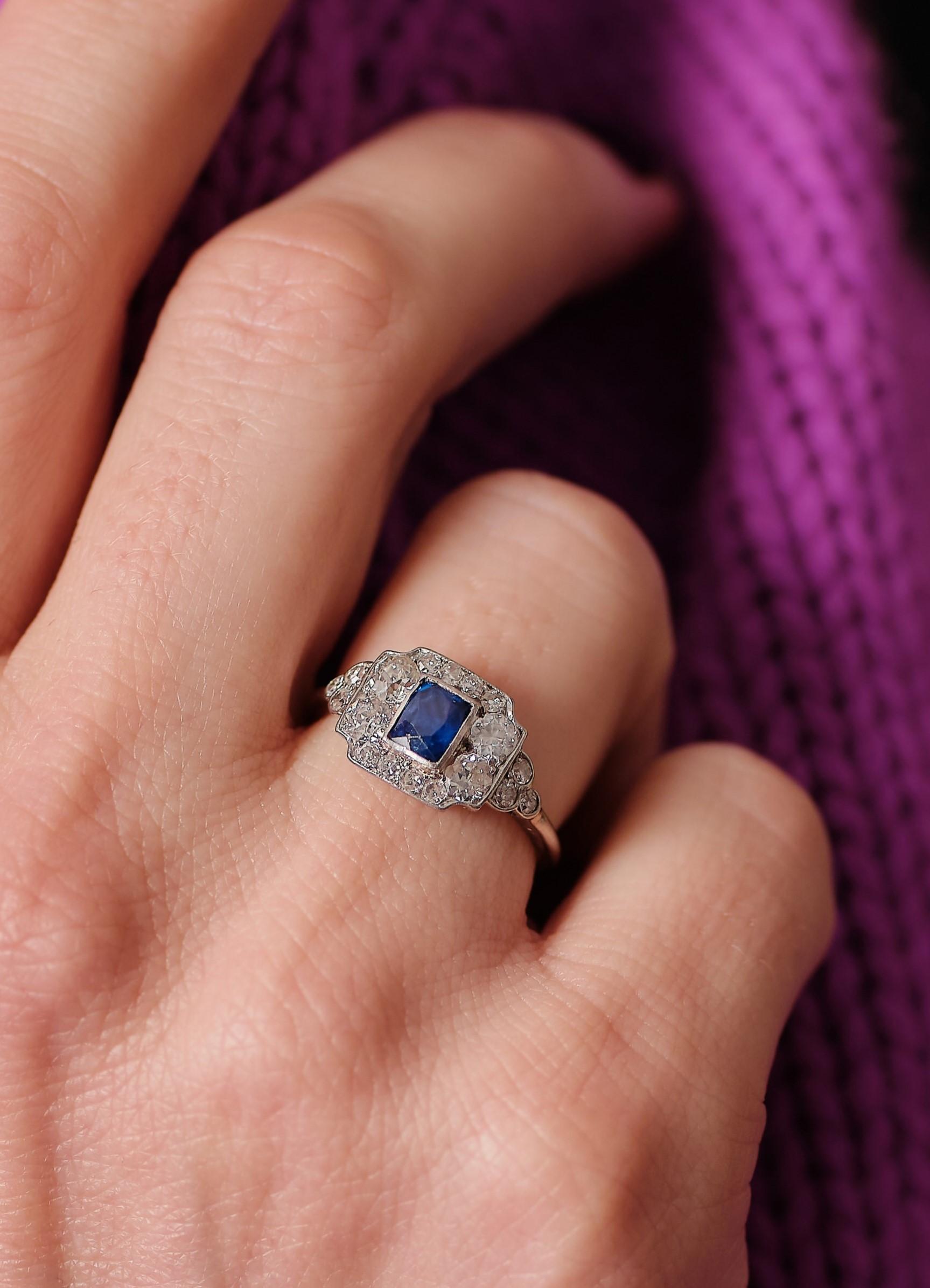 Art deco platinum diamond and sapphire ring

18 old and 8/8 cut diamond total approx. 0.80 ctv G-I / VS-P, ring size 16.5 mm US size 6, weight 3 grams.
