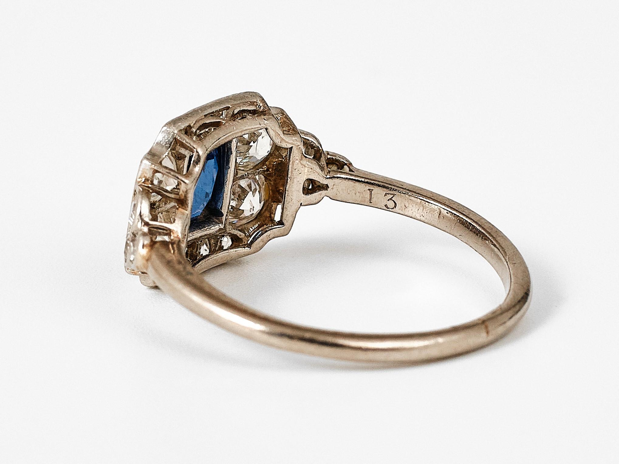 Art deco platinum diamond and sapphire ring For Sale 1