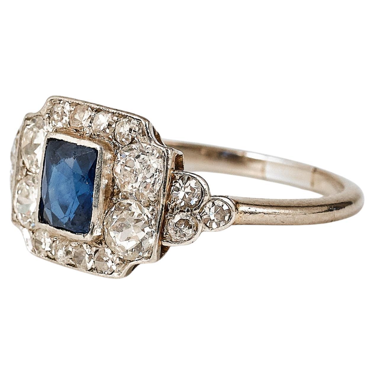 Art deco platinum diamond and sapphire ring For Sale