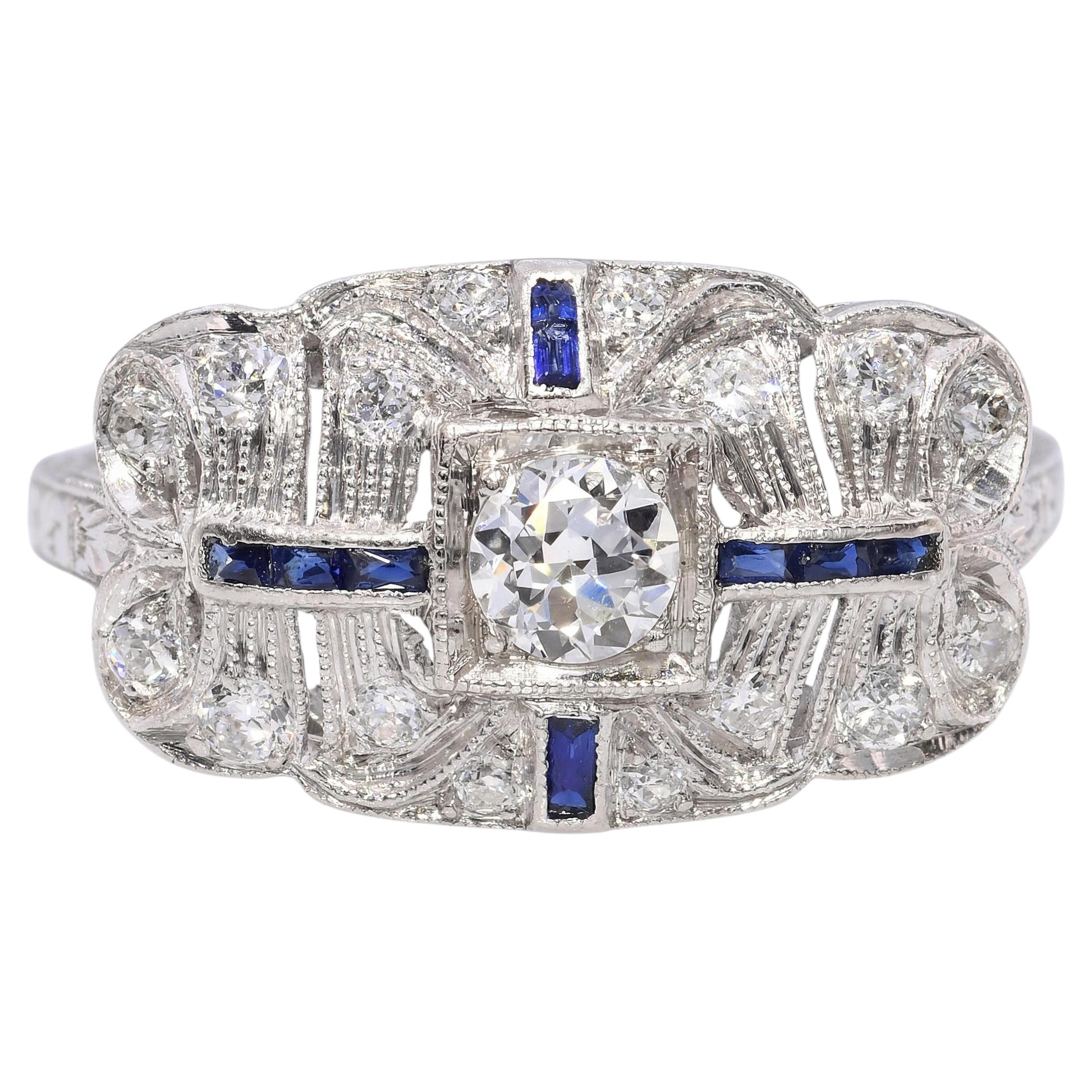 Art Deco Platinum Diamond and Sapphire Ring