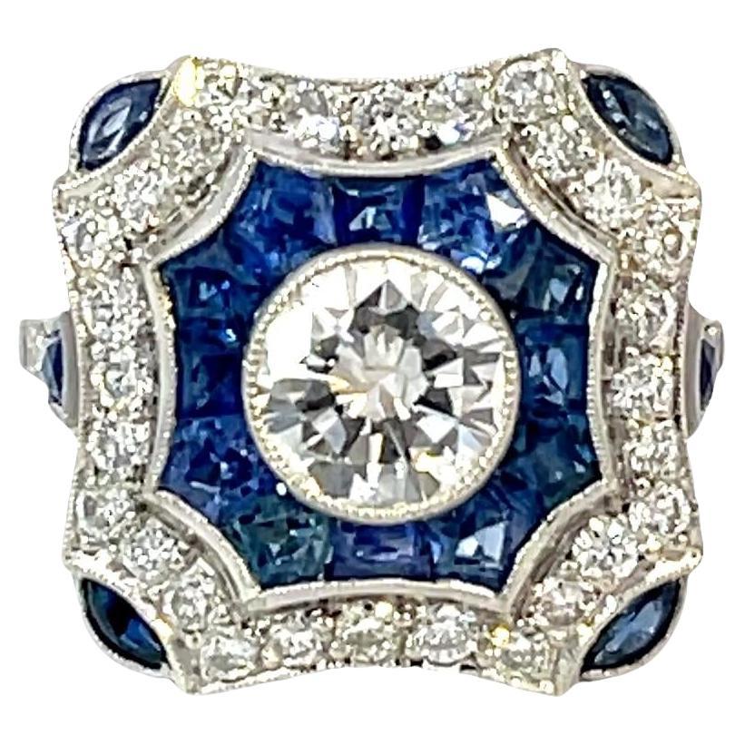 Bague Art déco en platine avec diamants et saphirs