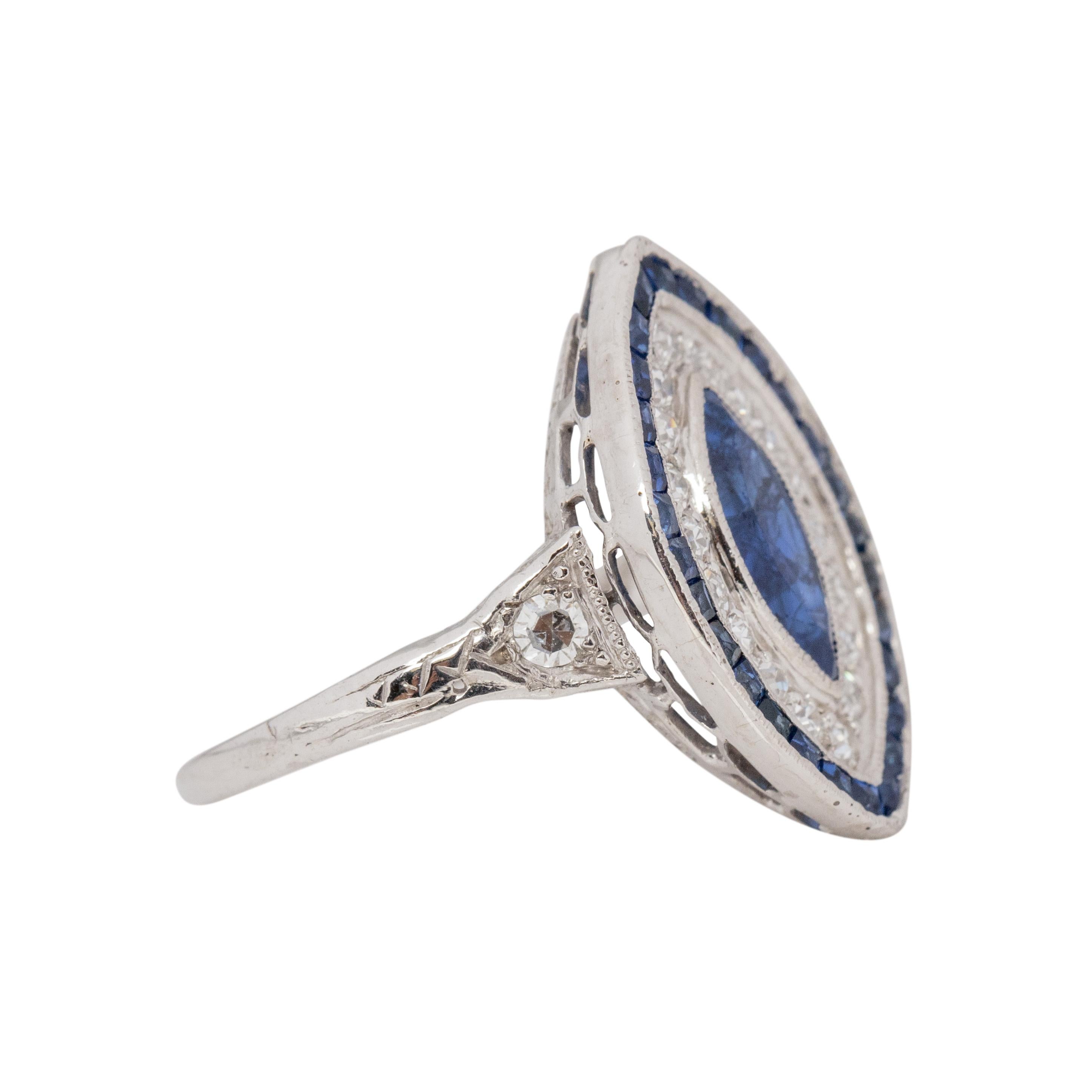 Marquise Cut Art Deco Platinum Diamond and Sapphire Vintage Navette Style Cocktail Ring