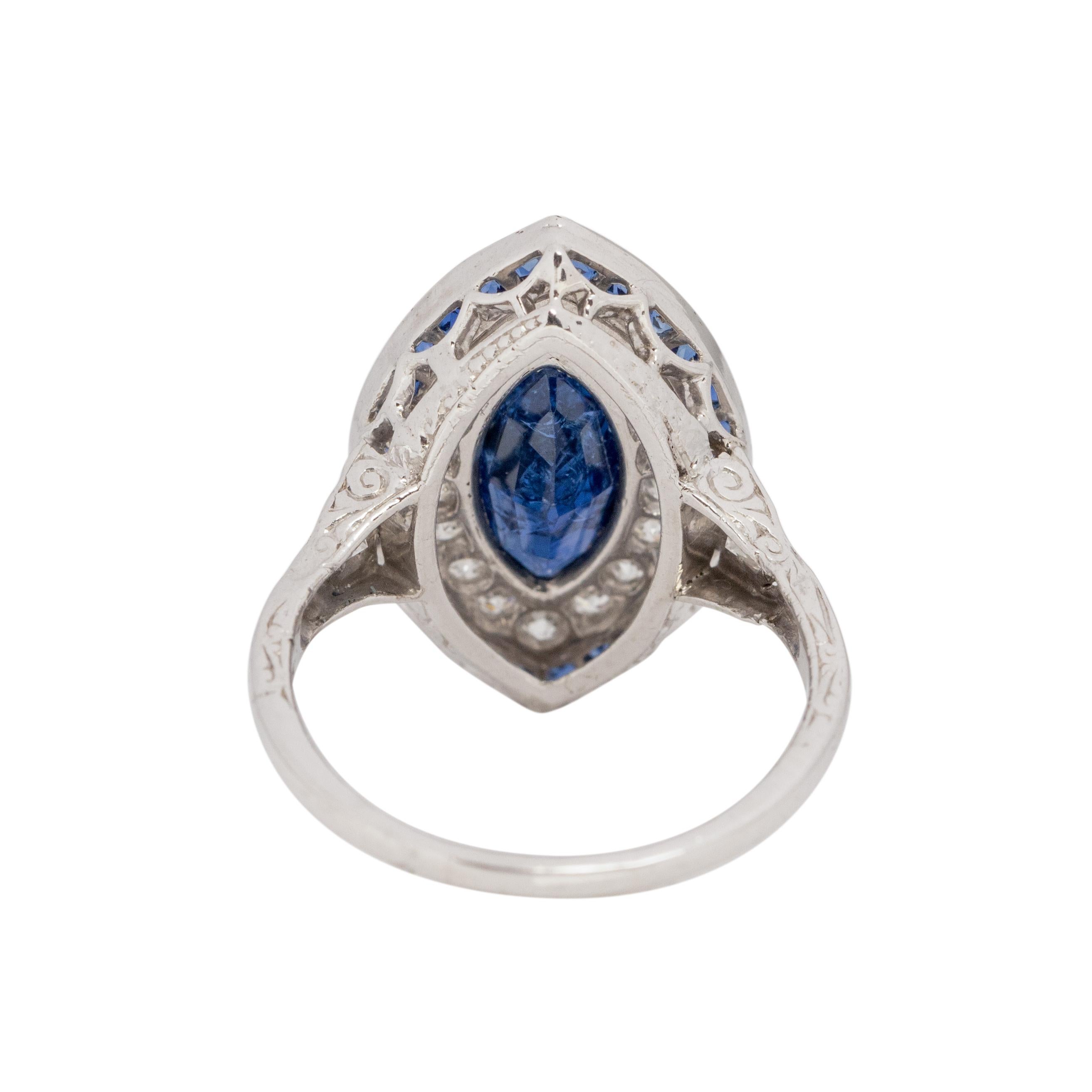 Art Deco Platinum Diamond and Sapphire Vintage Navette Style Cocktail Ring In Good Condition In Addison, TX