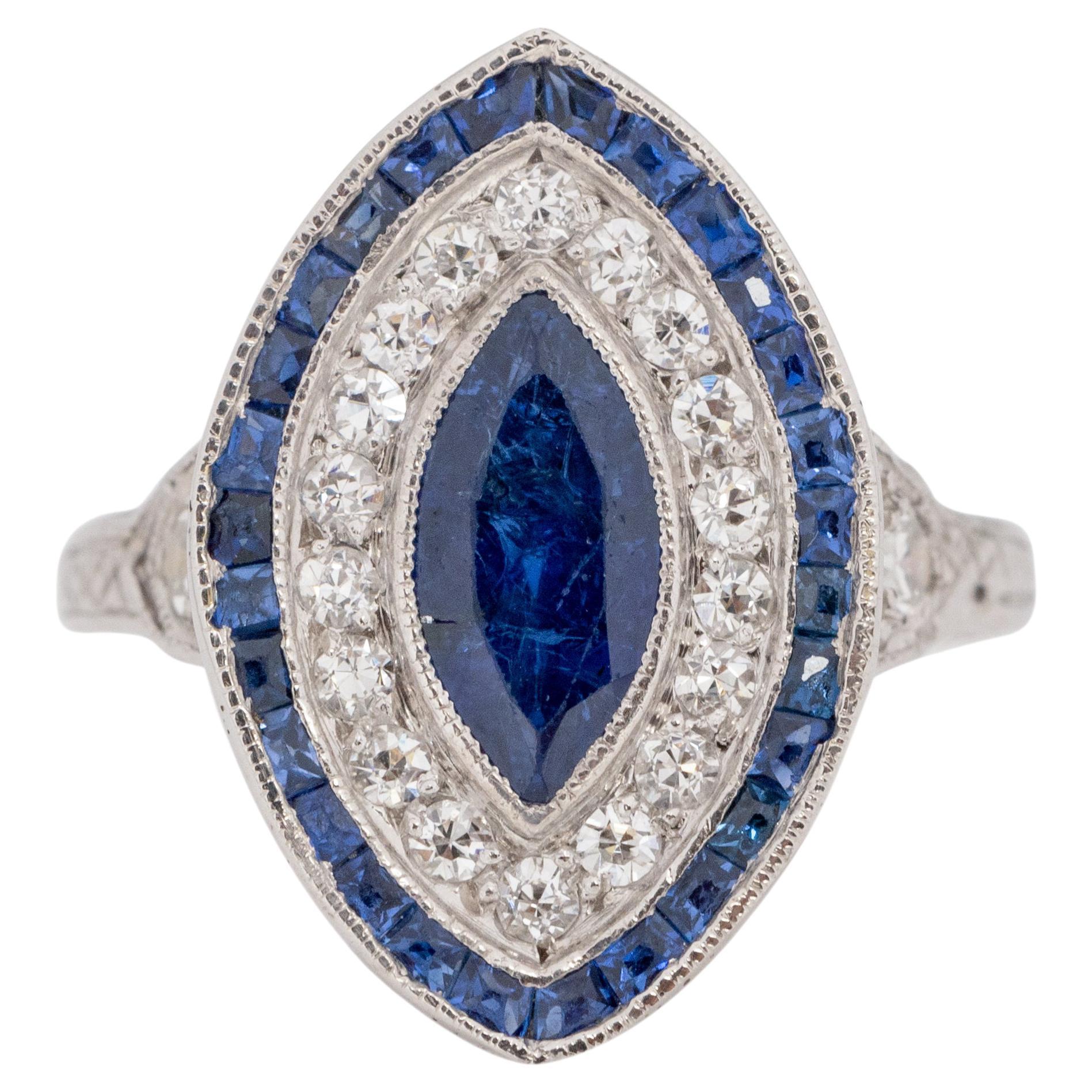 Art Deco Platinum Diamond and Sapphire Vintage Navette Style Cocktail Ring