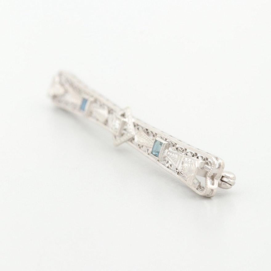 Art Deco Platinum Diamond and Synthetic Blue Sapphire Vintage Brooch Pin In Good Condition In Addison, TX