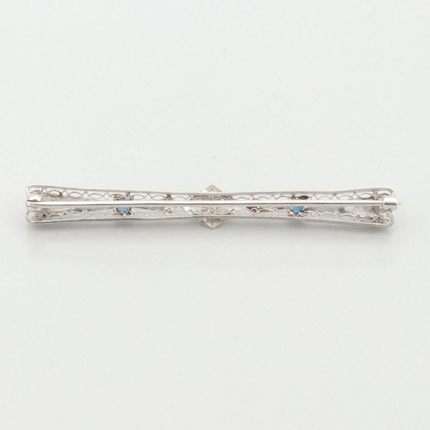 Women's Art Deco Platinum Diamond and Synthetic Blue Sapphire Vintage Brooch Pin