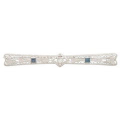 Art Deco Platinum Diamond and Synthetic Blue Sapphire Antique Brooch Pin