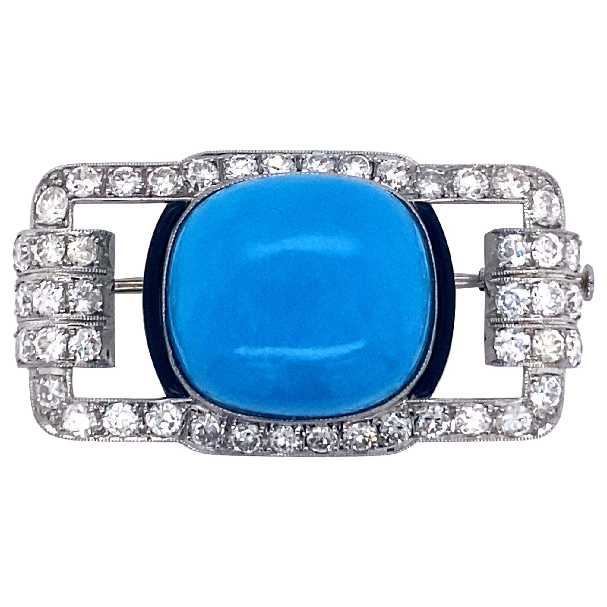 Art Deco Platinum Diamond and Turquoise Brooch