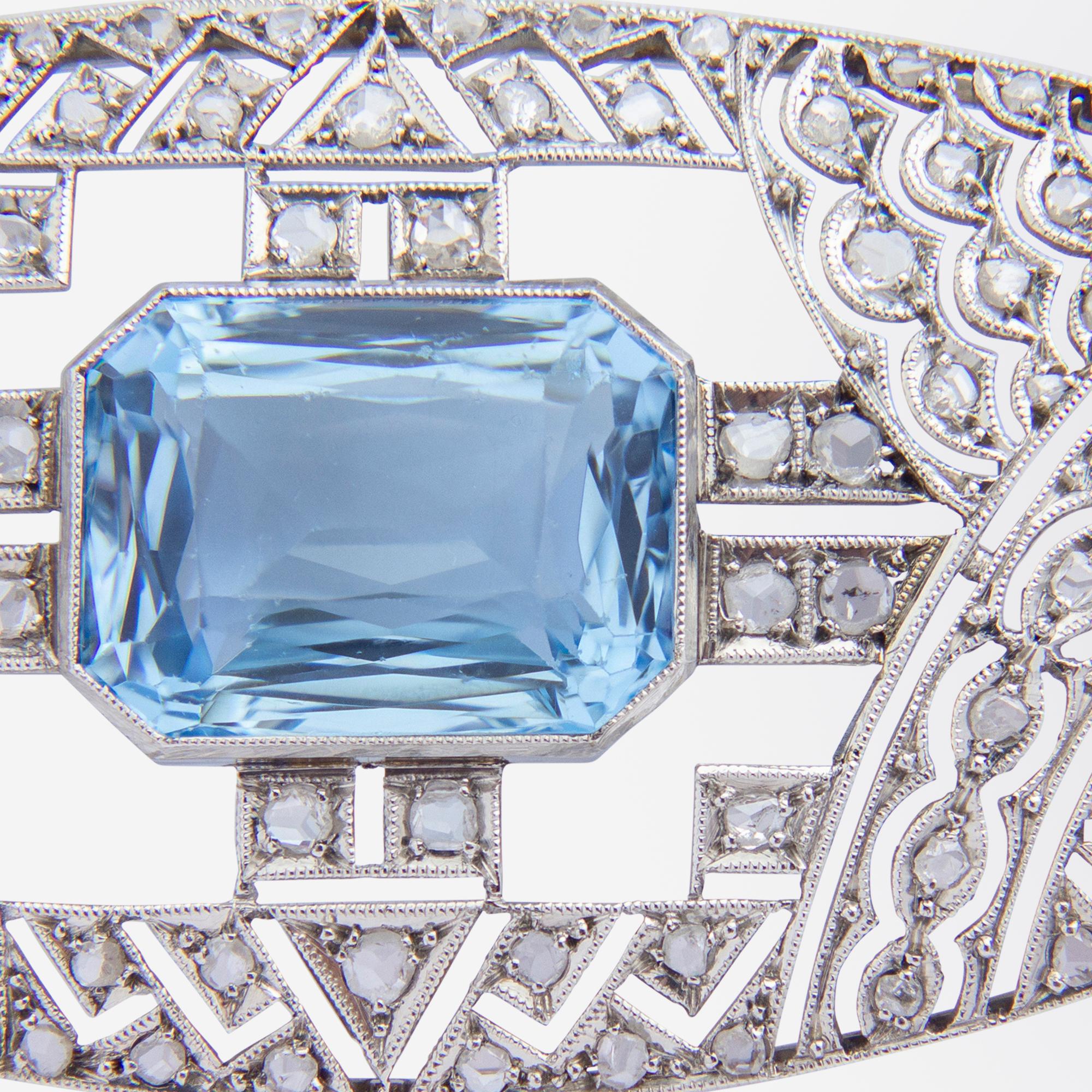 Emerald Cut Art Deco Platinum Diamond & Aquamarine Brooch For Sale