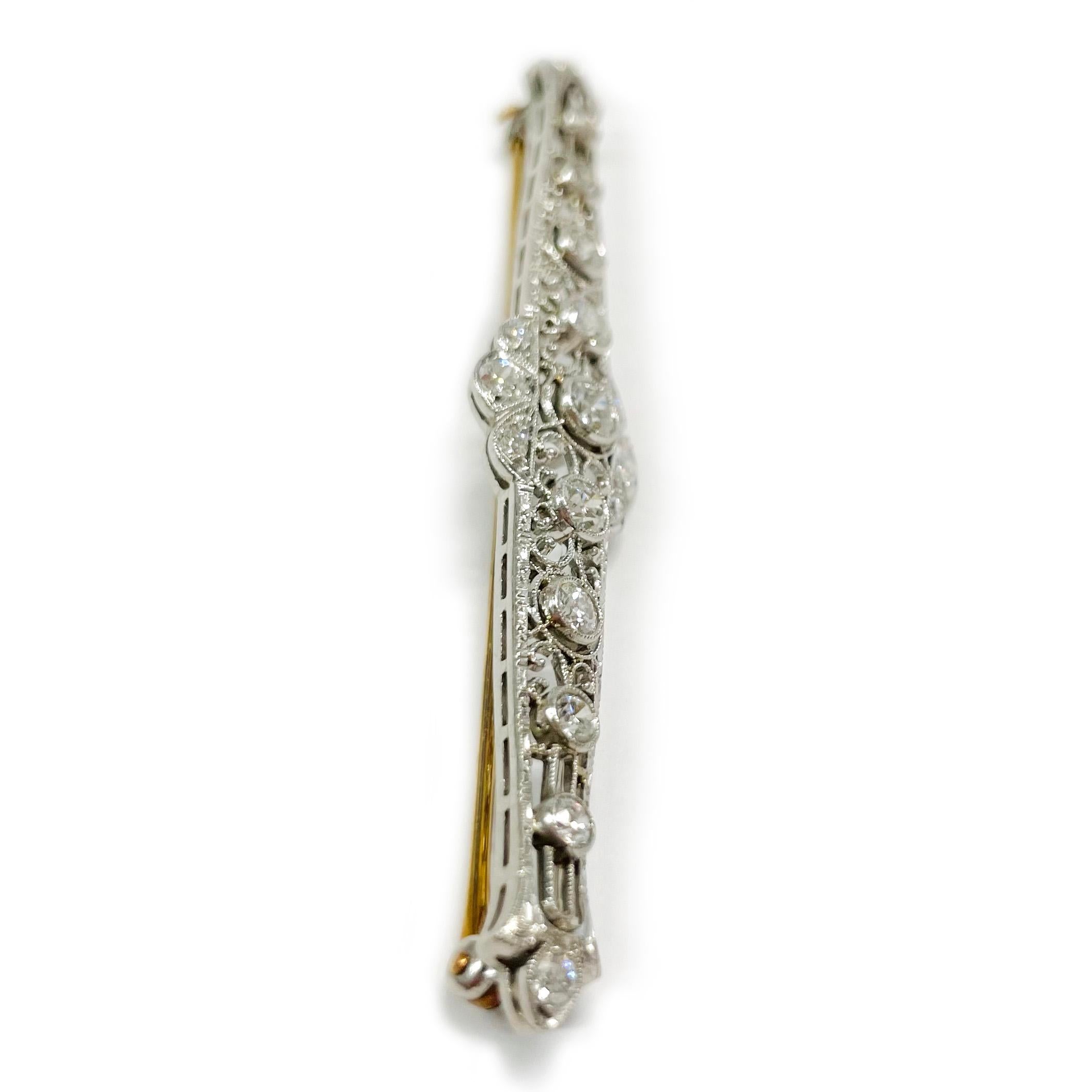 Round Cut Art Deco Platinum Diamond Bar Brooch/Pin For Sale