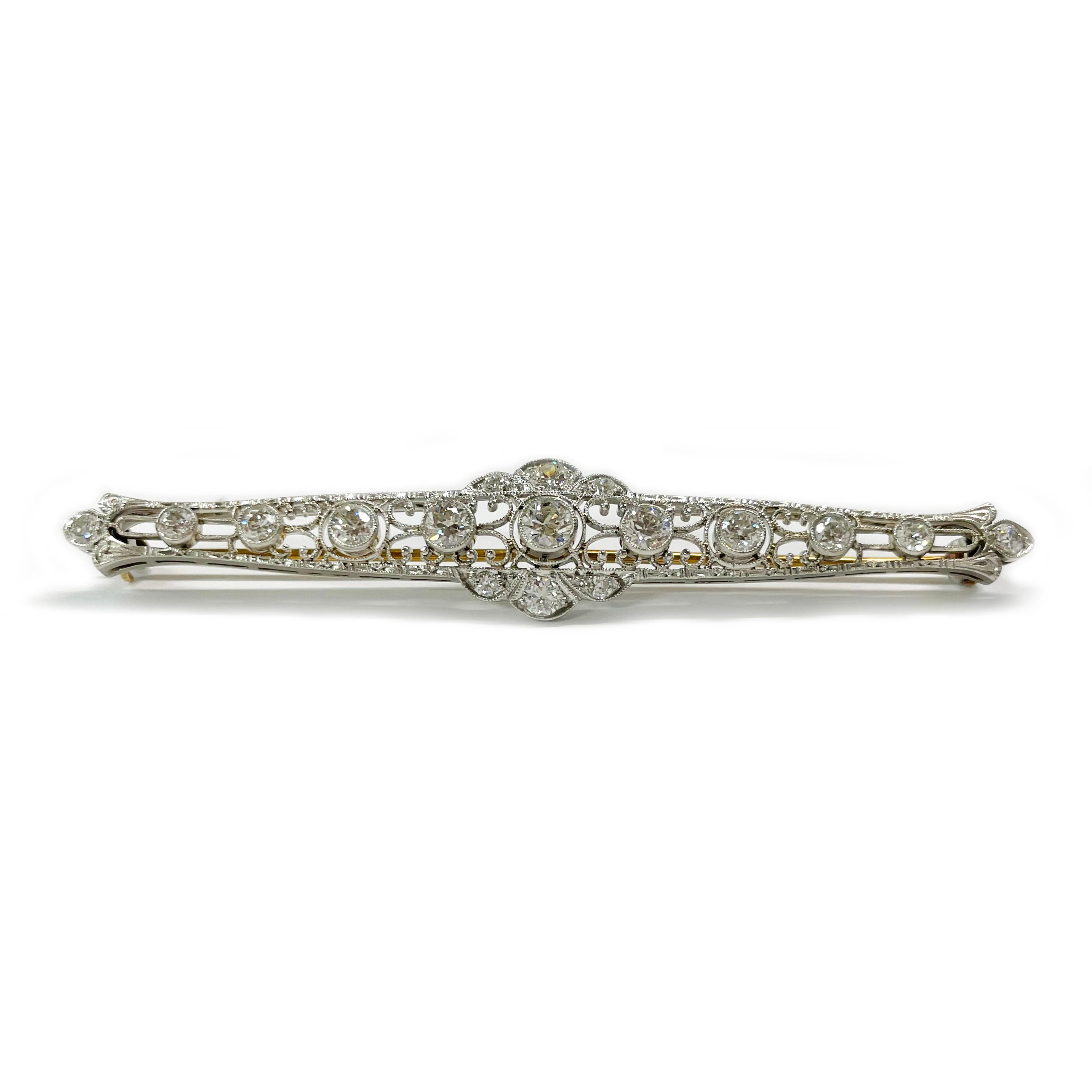 Art Deco Platinum Diamond Bar Brooch/Pin In Good Condition For Sale In Palm Desert, CA