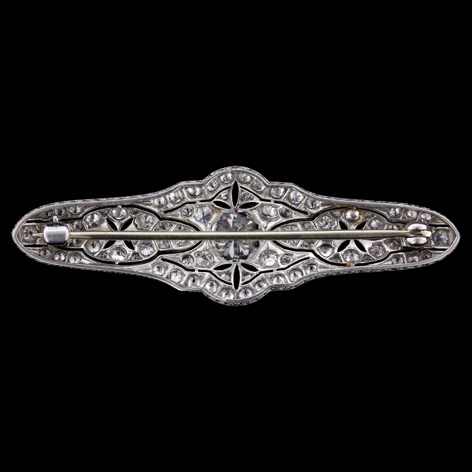 Old European Cut Art Deco Platinum Diamond Bar Pin For Sale