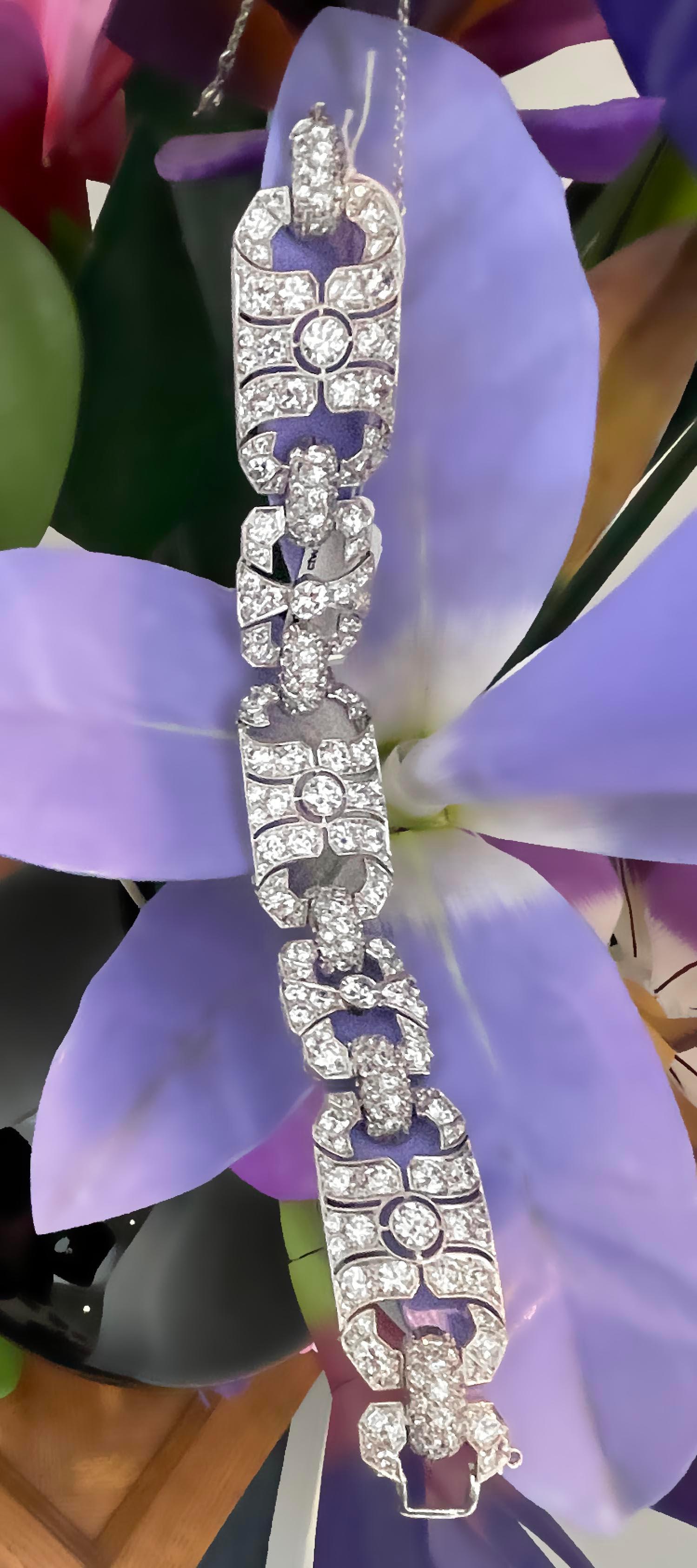 Art Deco, 1930's, diamond tennis link bracelet expertly crafted in platinum. There is an estimated 10 carats total weight of diamonds. The craftsmanship of the bracelet and attention to detail is eye catching.
This bracelet is in excellent condition