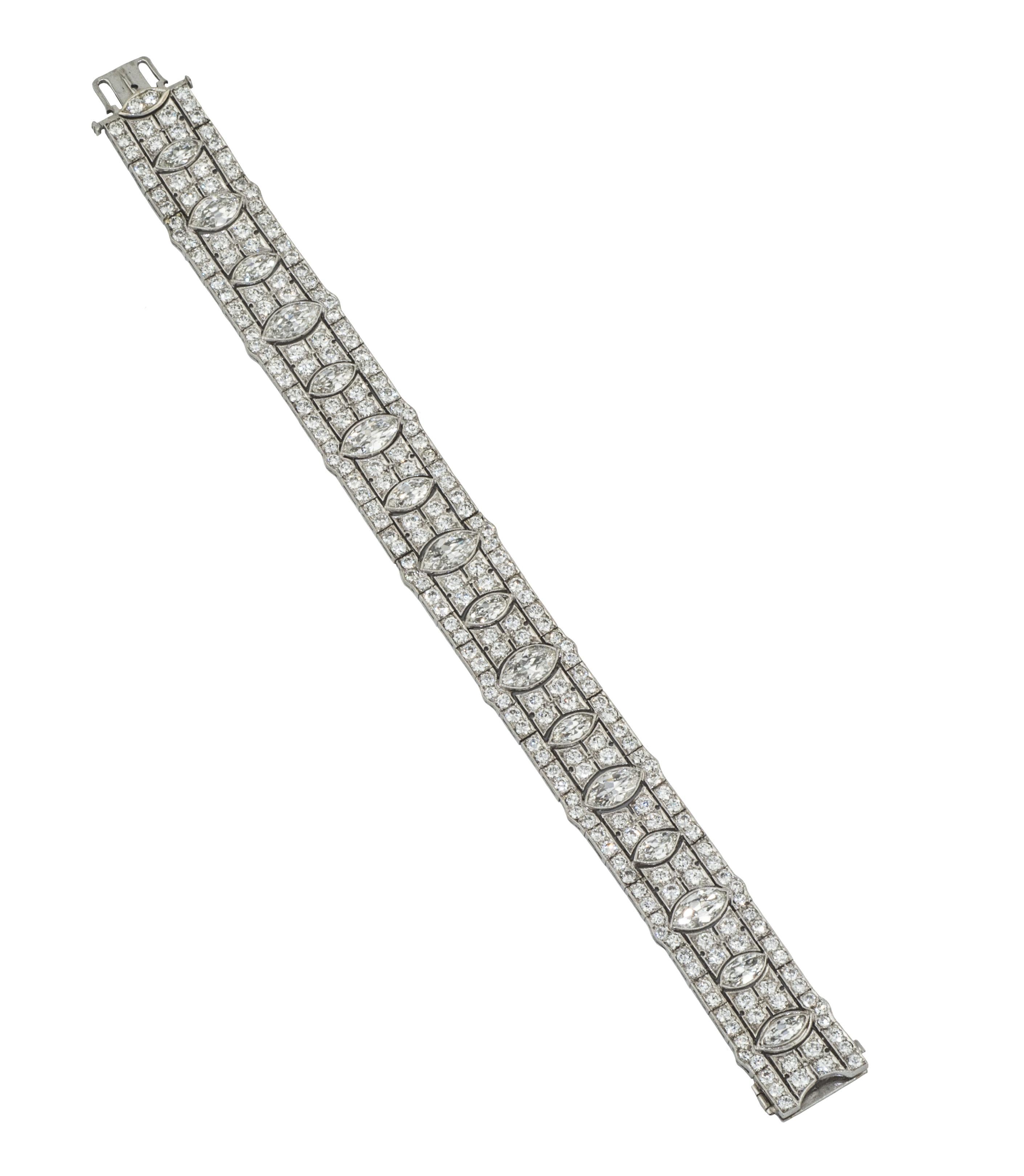 Diamond and Platinum Art Deco Bracelet, 16 Marquise Cut Diamonds approximately 9ct; 212 Diamonds approximately 8ct; Ca 1920