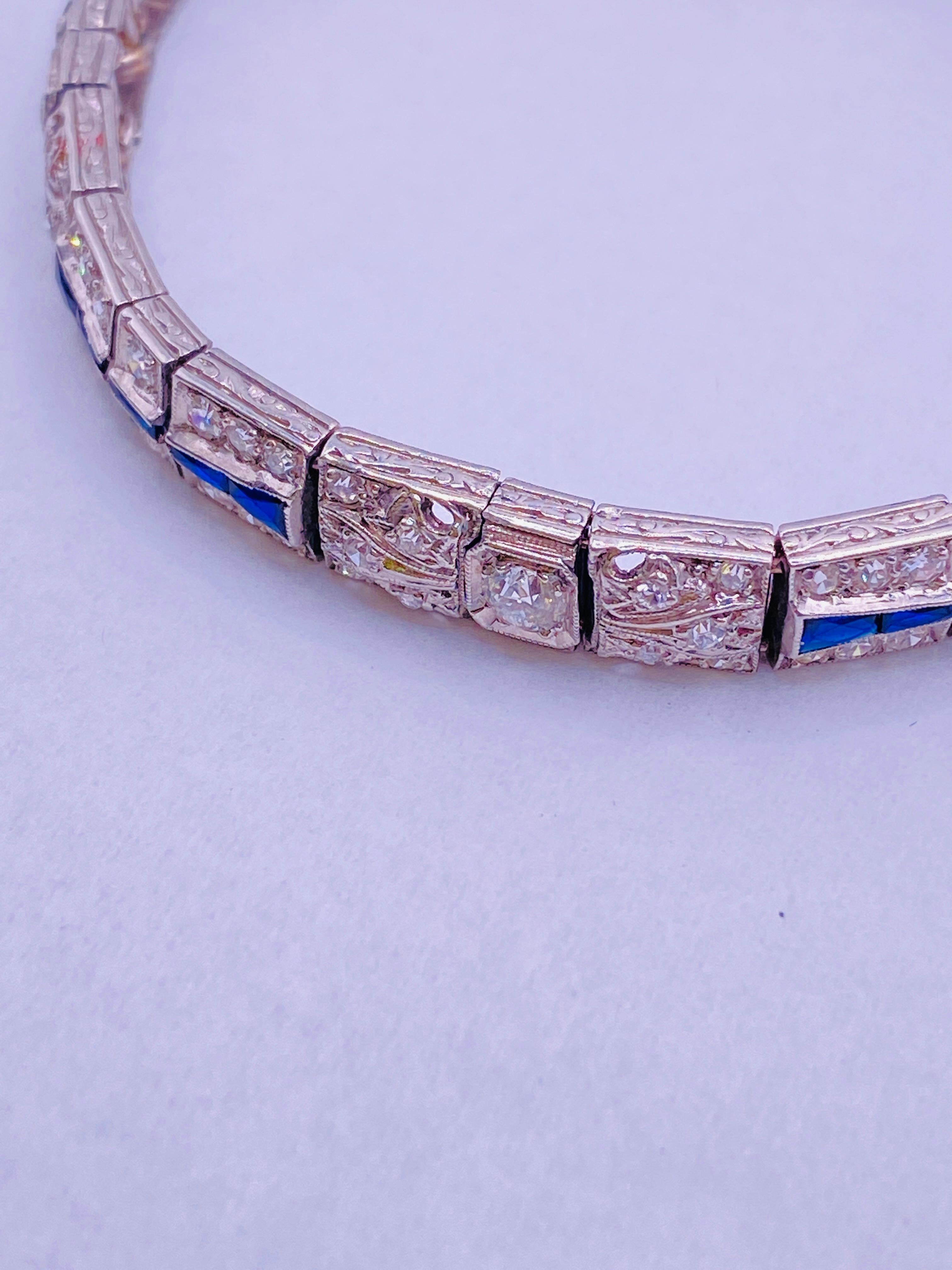 Art Deco Diamond and Sapphire Platinum Bracelet In Good Condition For Sale In DALLAS, TX