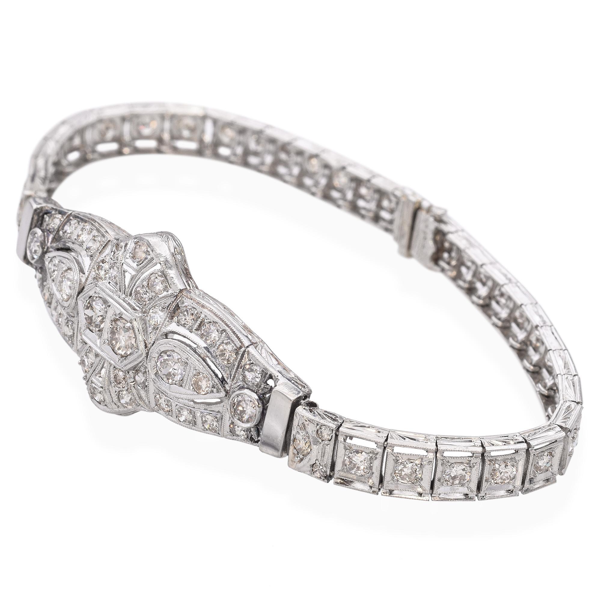 Old European Cut Art Deco Platinum Diamond Bracelet