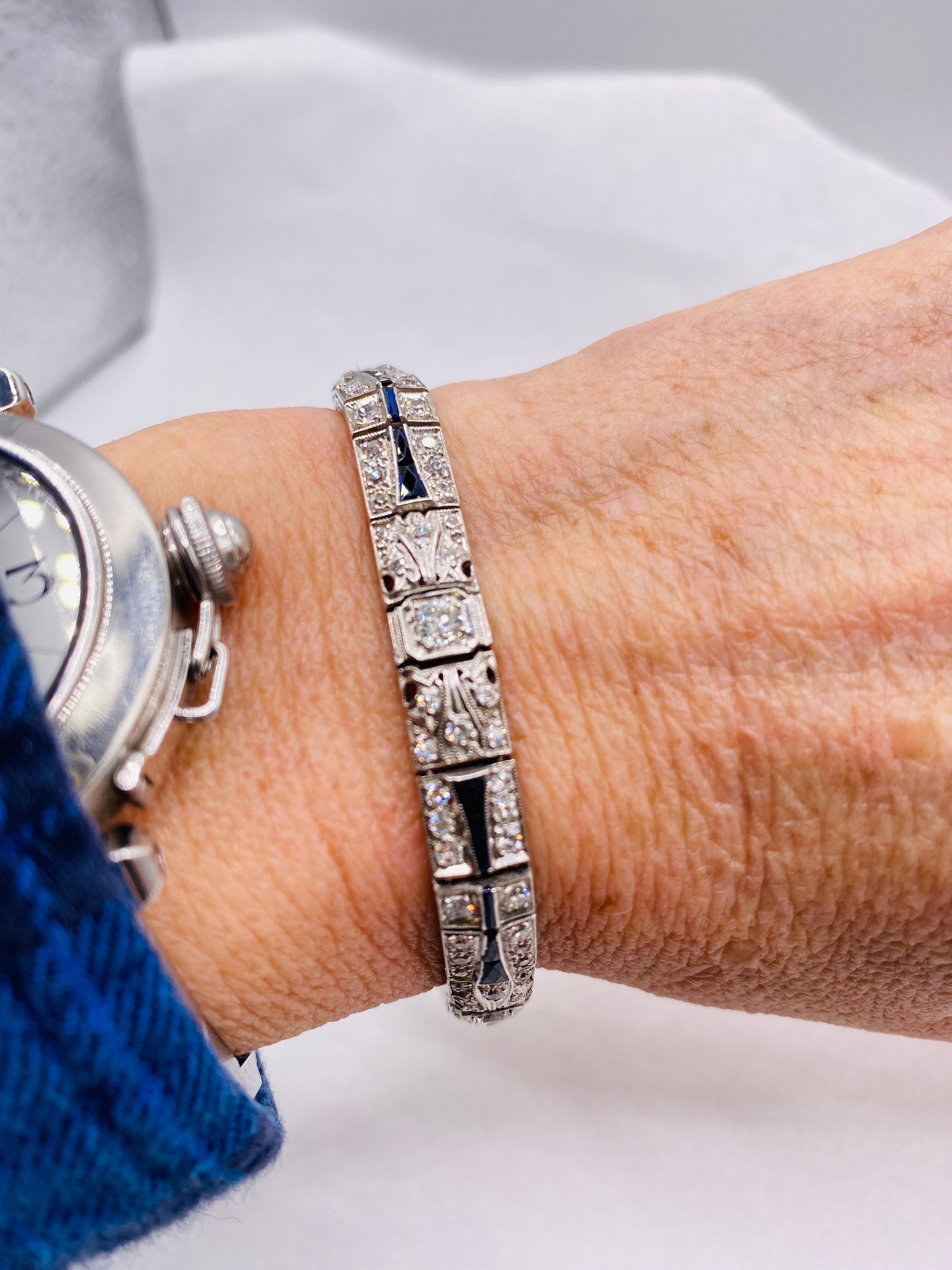 Women's or Men's Art Deco Diamond and Sapphire Platinum Bracelet For Sale