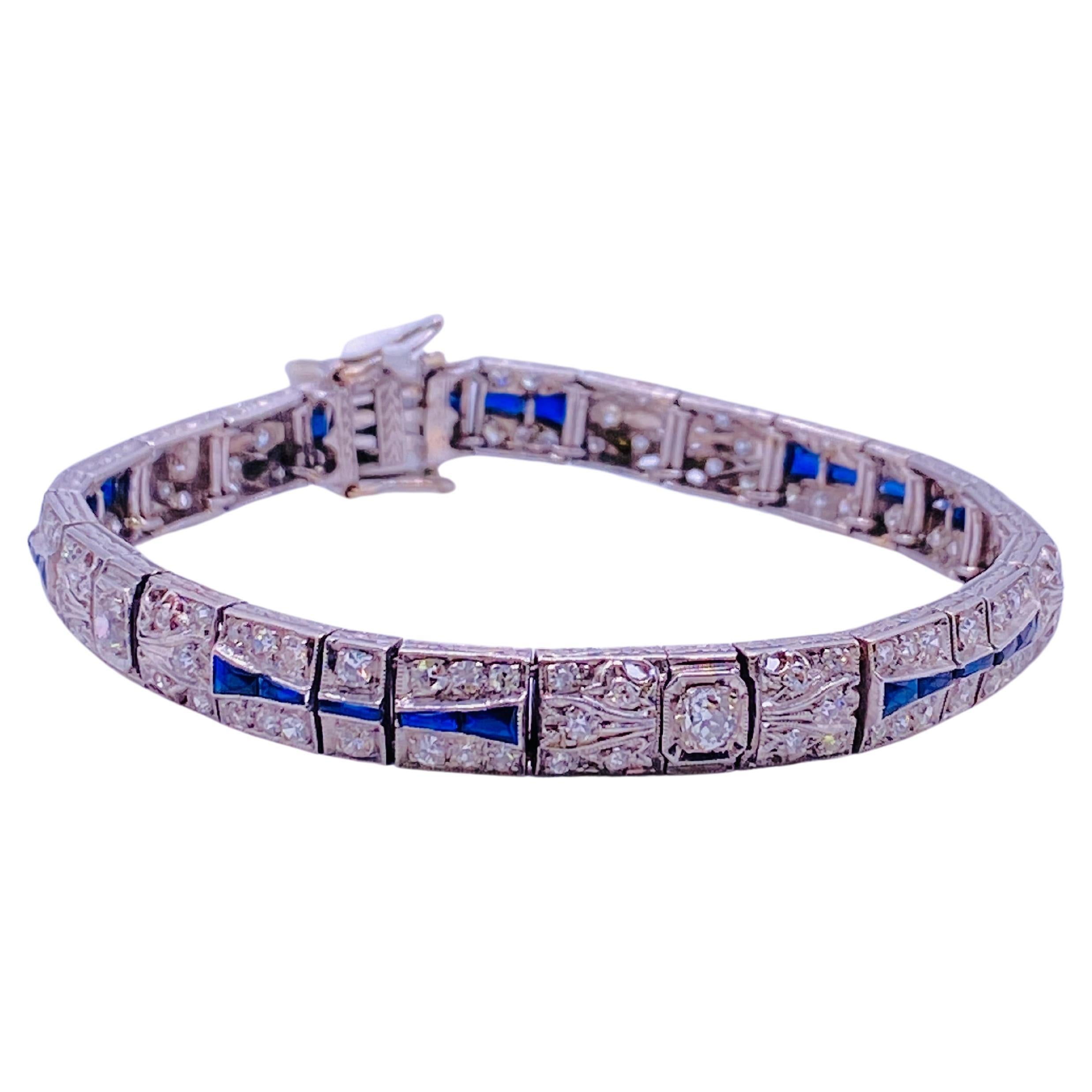 Art Deco Diamond and Sapphire Platinum Bracelet For Sale