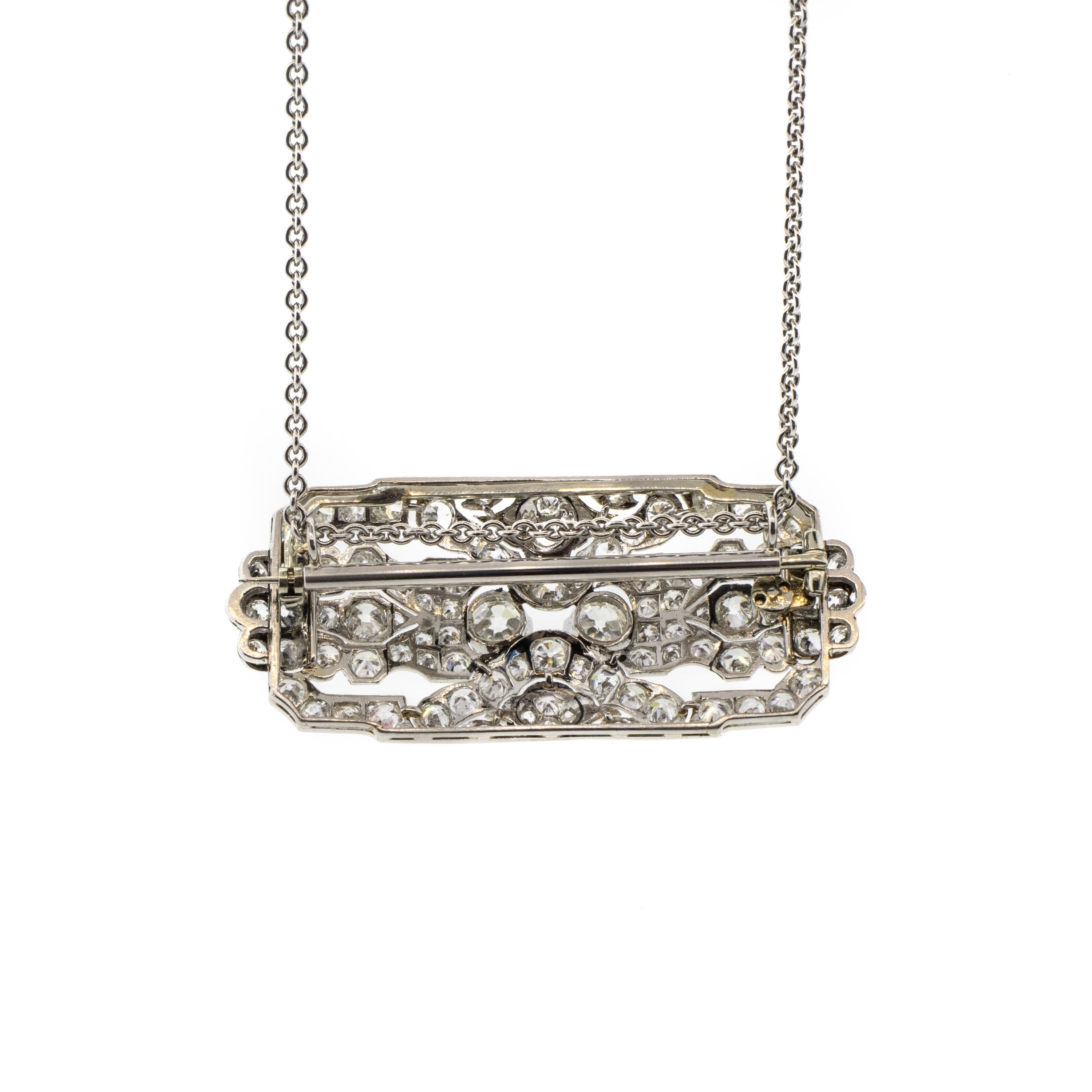 Old European Cut Art Deco Platinum Diamond Brooch Necklace For Sale