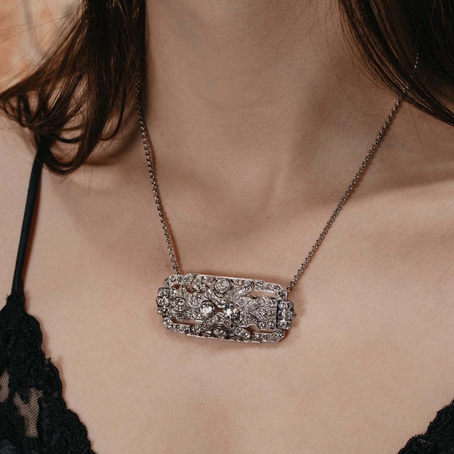 Art Deco Platinum Diamond Brooch Necklace For Sale 2