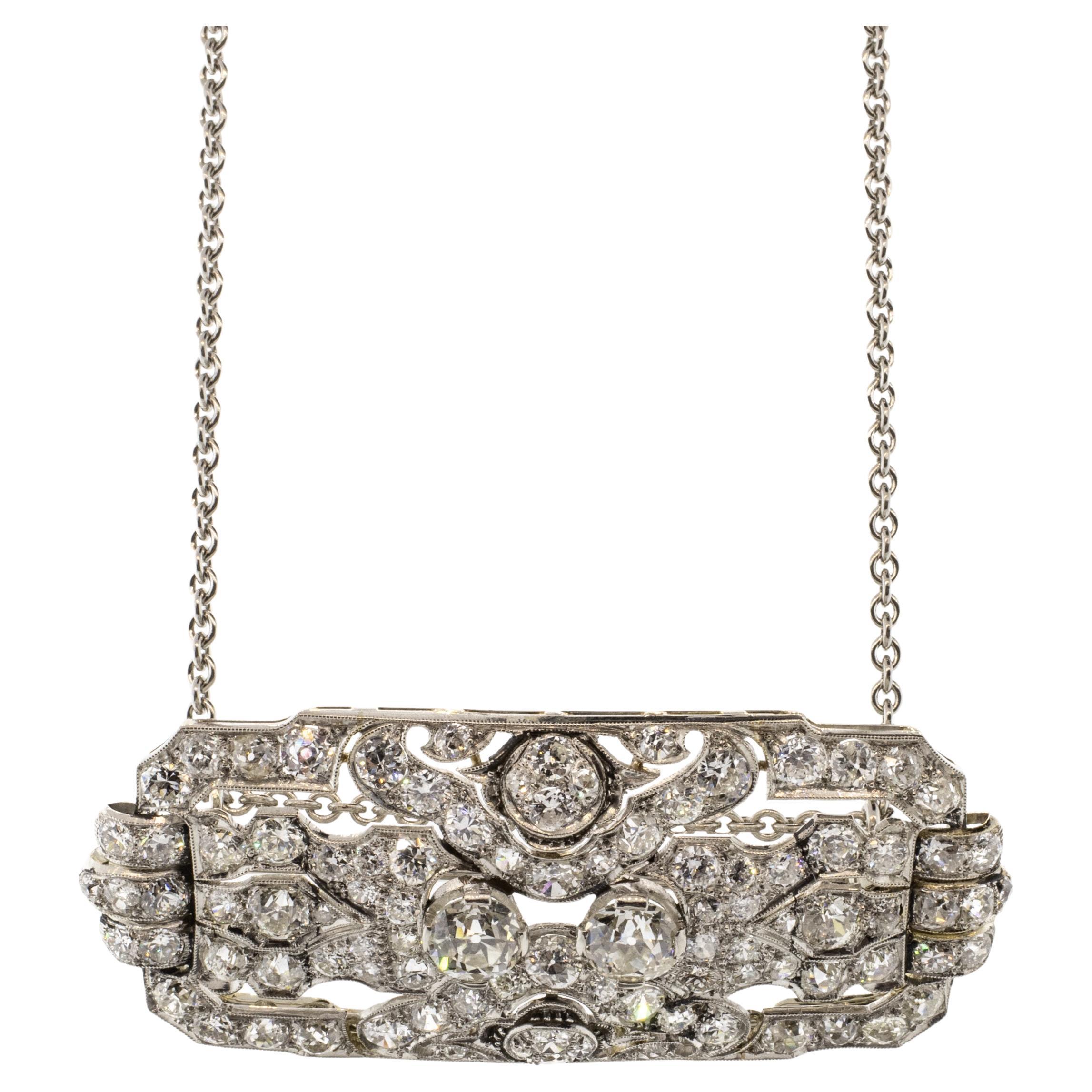Art Deco Platinum Diamond Brooch Necklace For Sale