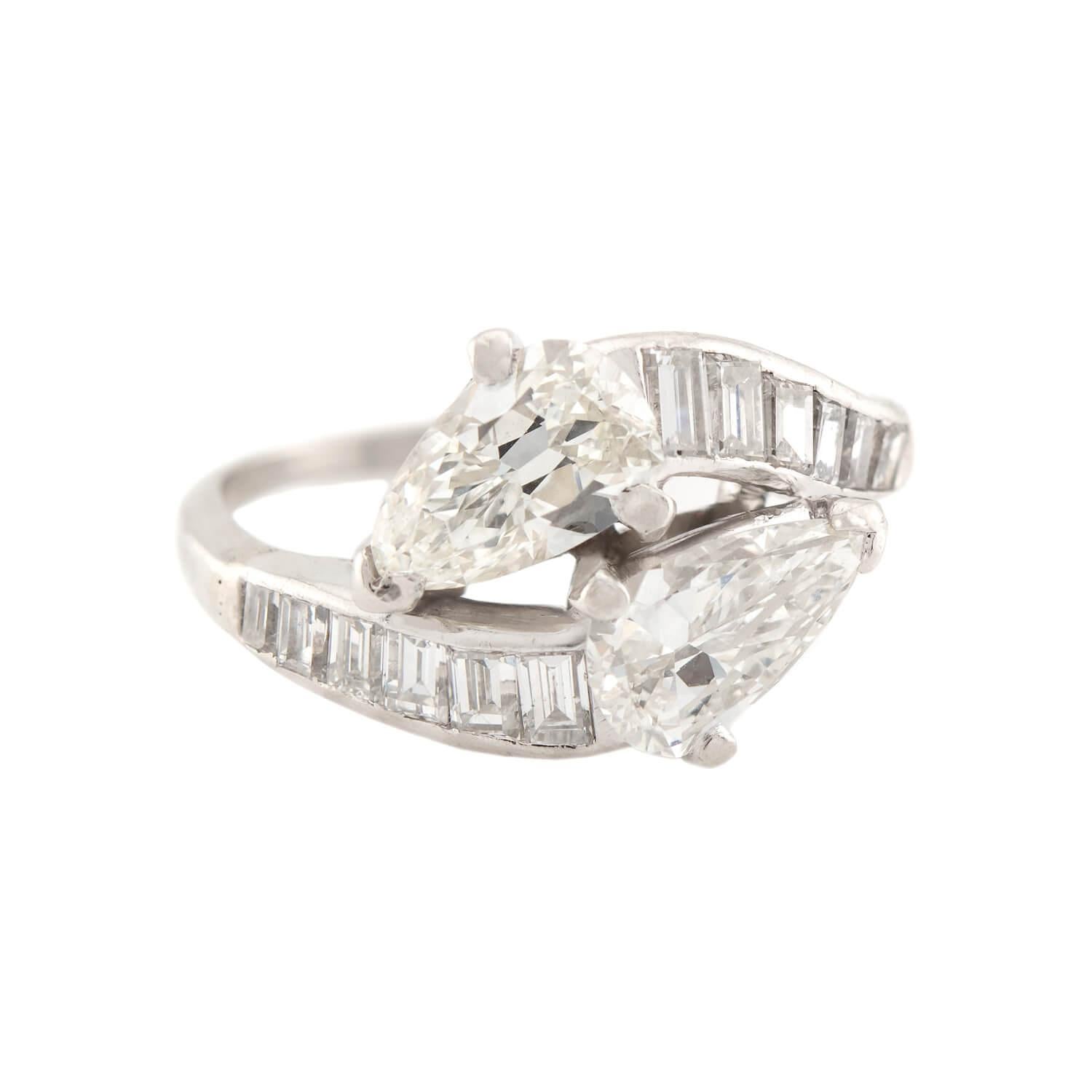 Art Deco Platinum Diamond Bypass Ring For Sale