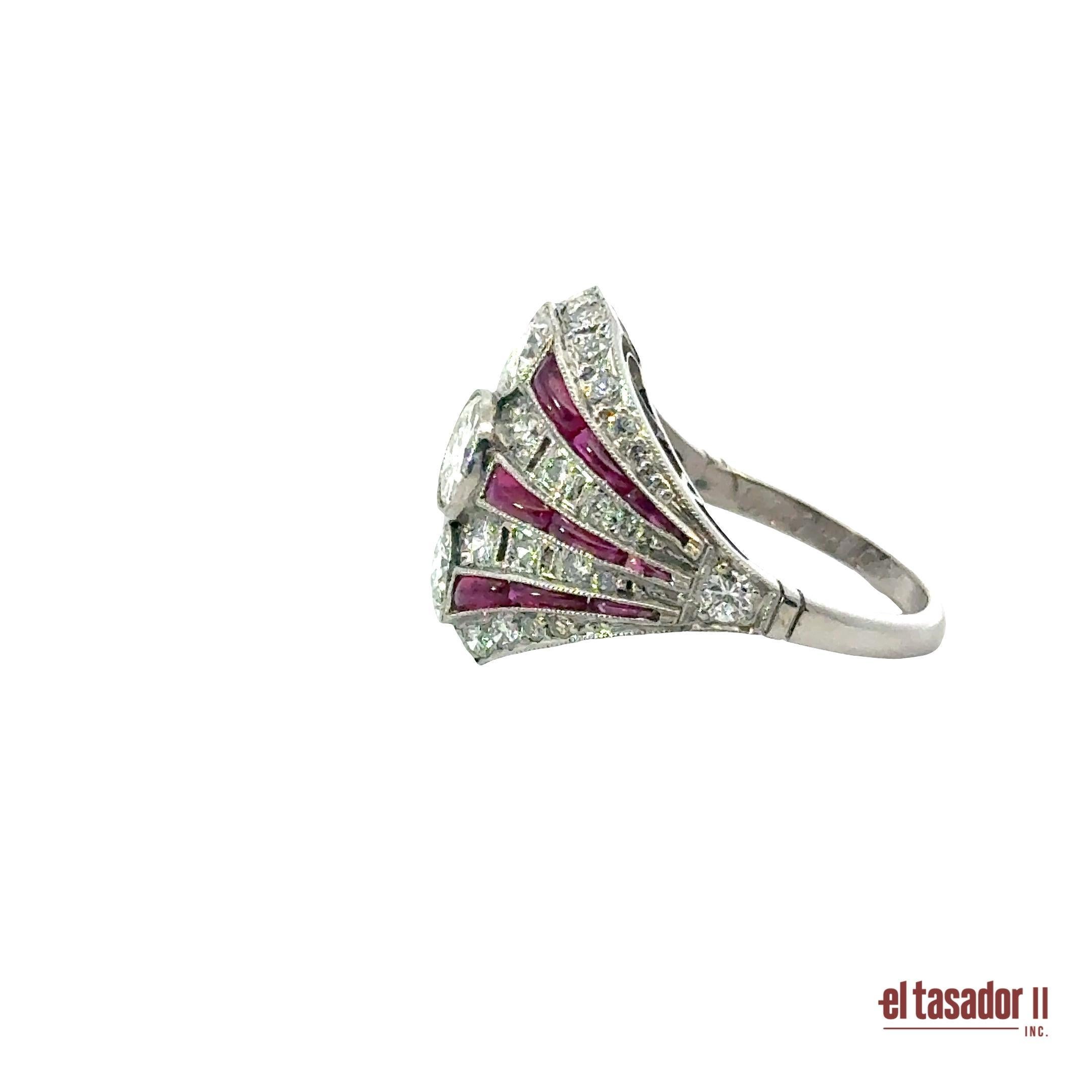 Bague Art déco en platine avec diamants et rubis cabochon Pour femmes en vente