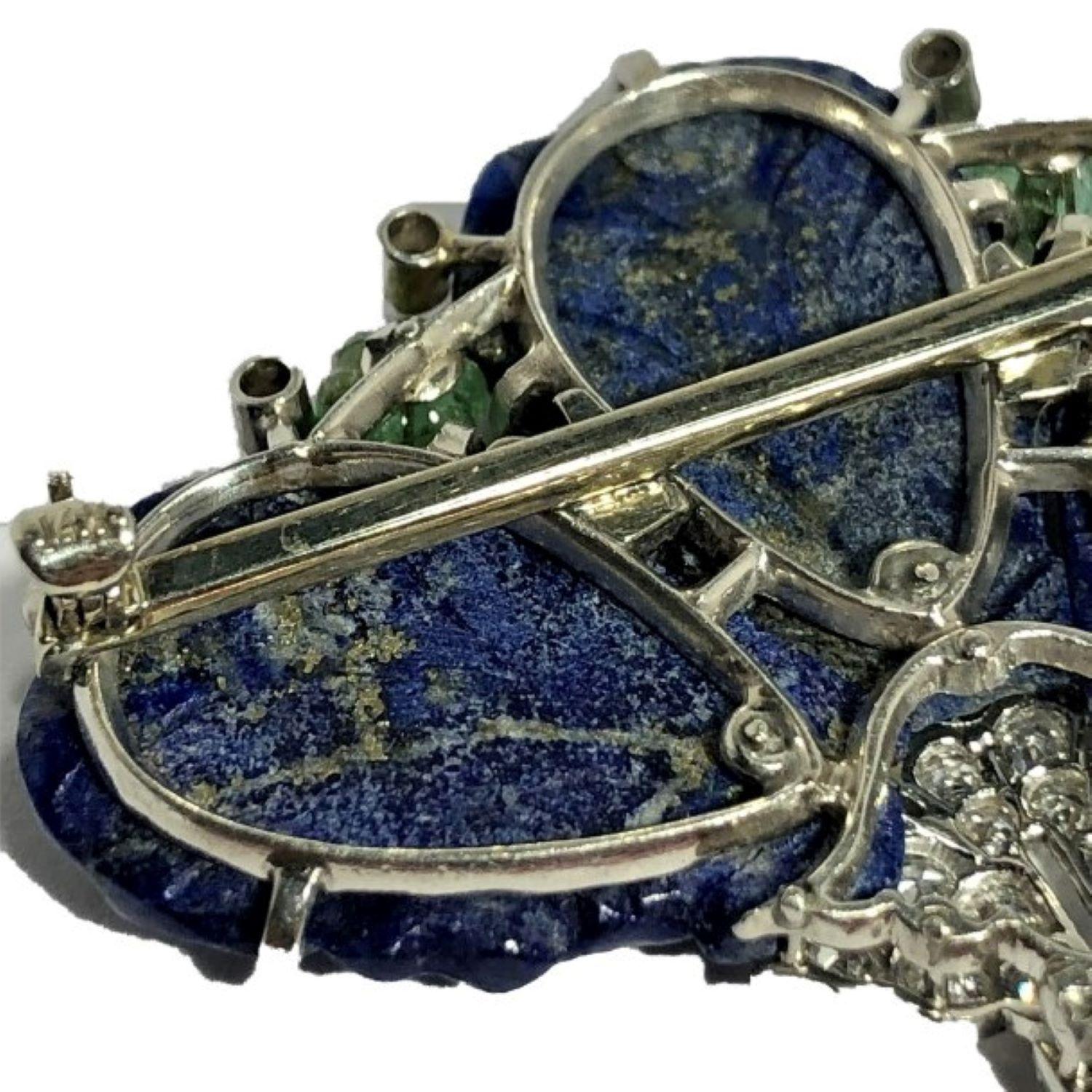Single Cut Art-Deco Platinum, Diamond, Carved Lapis Lazuli and Diamond Floral Brooch