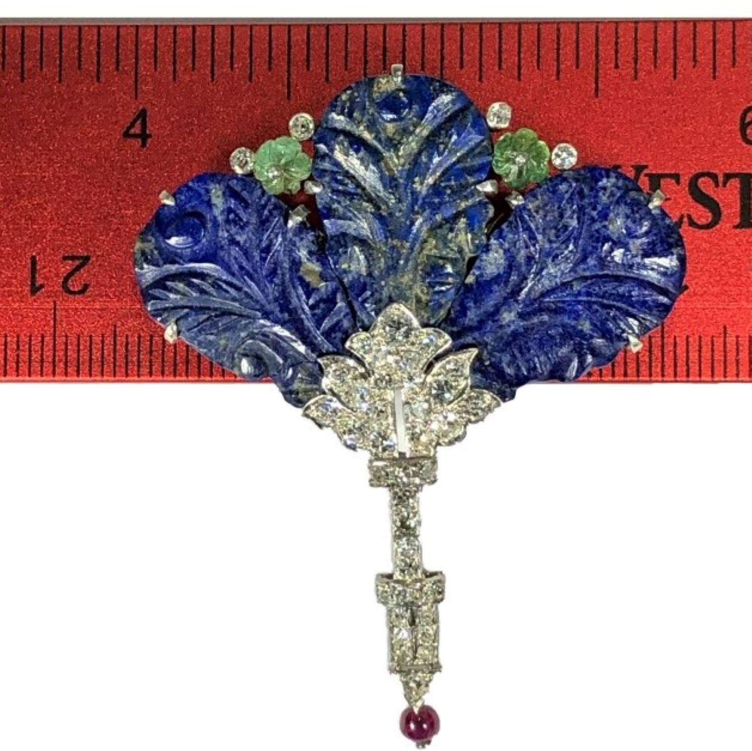 Art-Deco Platinum, Diamond, Carved Lapis Lazuli and Diamond Floral Brooch In Fair Condition In Palm Beach, FL