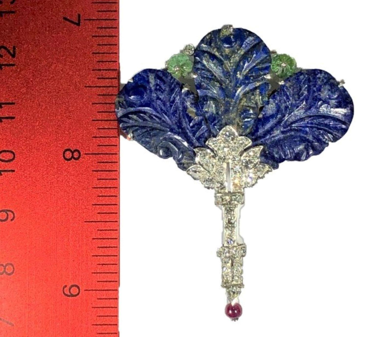Women's Art-Deco Platinum, Diamond, Carved Lapis Lazuli and Diamond Floral Brooch