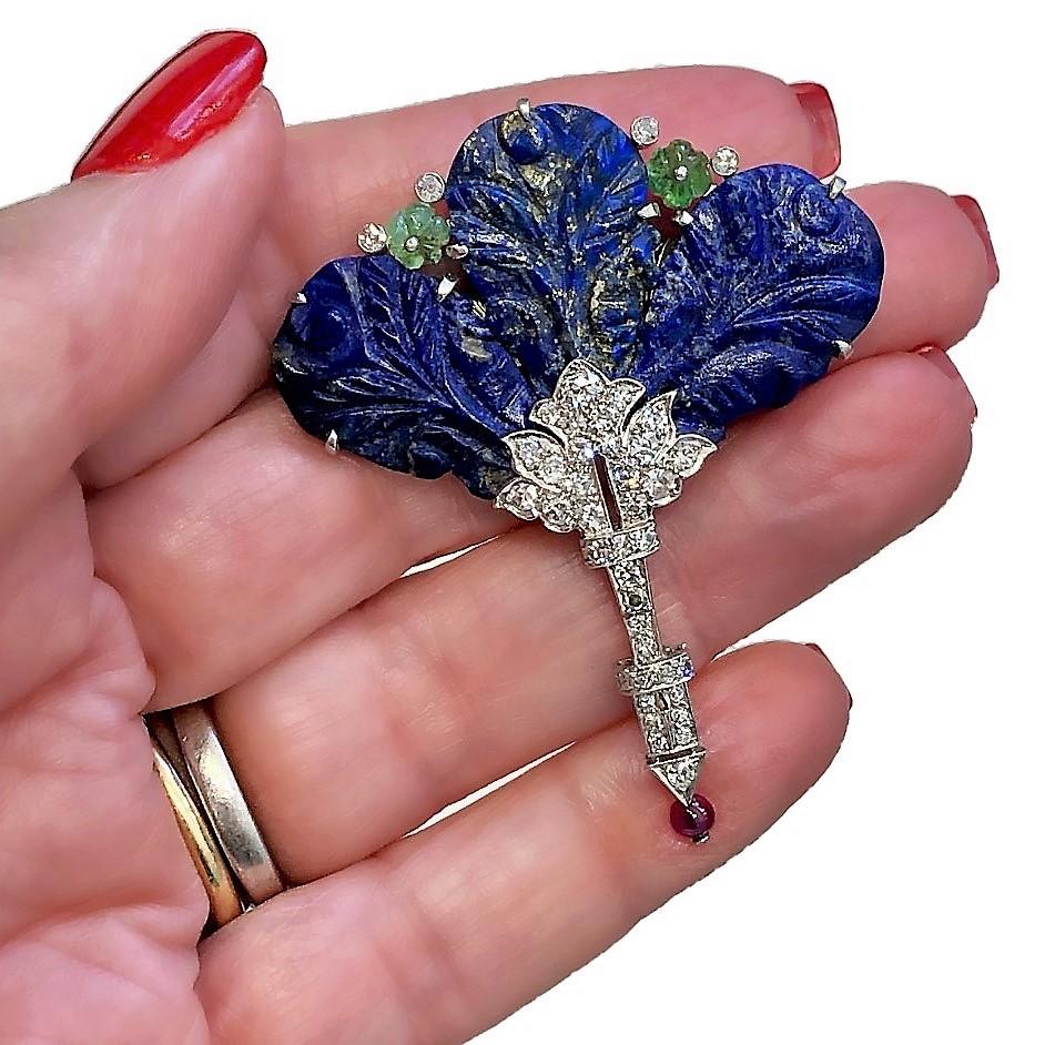 Art-Deco Platinum, Diamond, Carved Lapis Lazuli and Diamond Floral Brooch 1