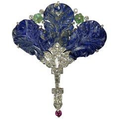 Art-Deco Platinum, Diamond, Carved Lapis Lazuli and Diamond Floral Brooch