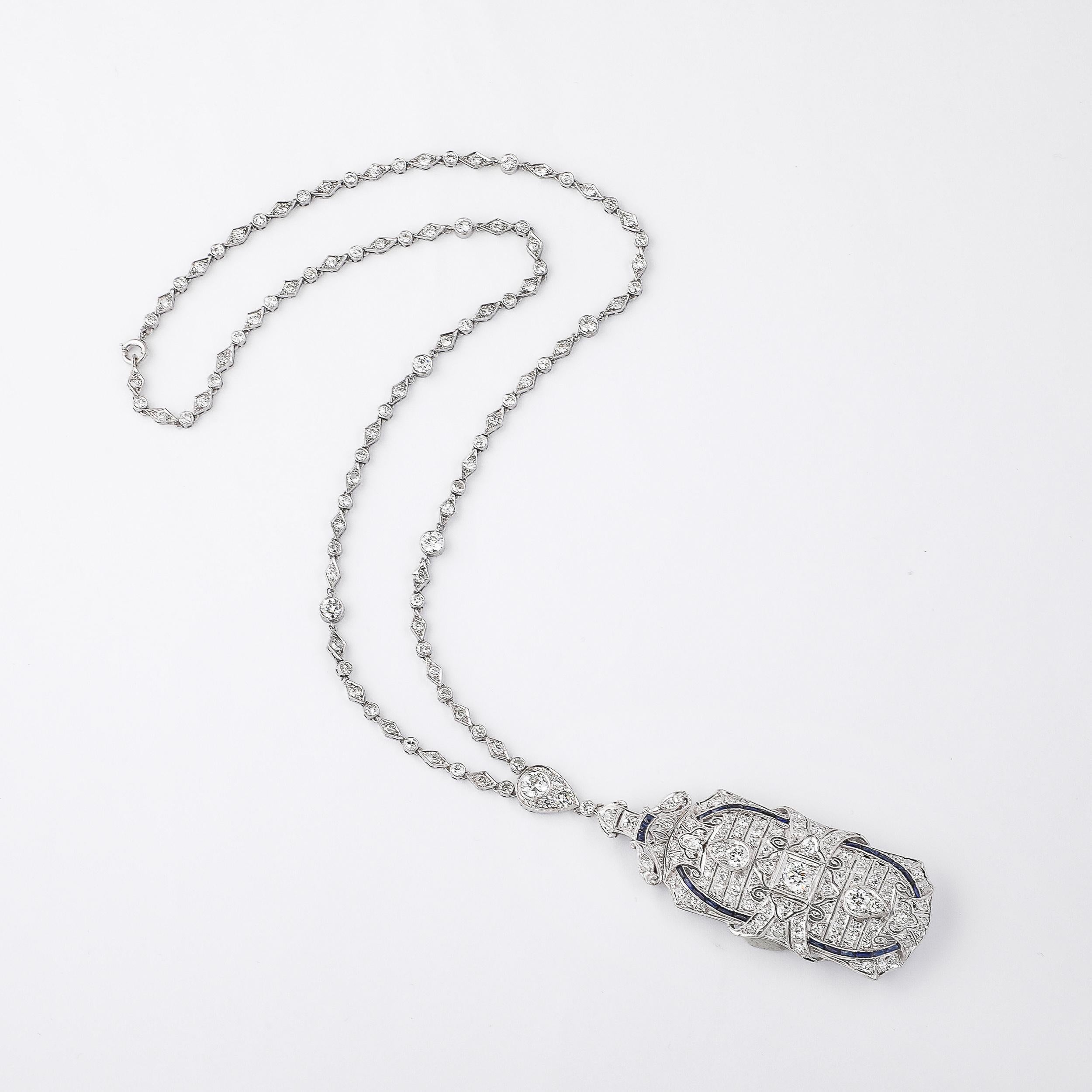 Art Deco Platinum & Diamond Chain Pendant/Brooch W/ Invisibly Set Sapphires 5