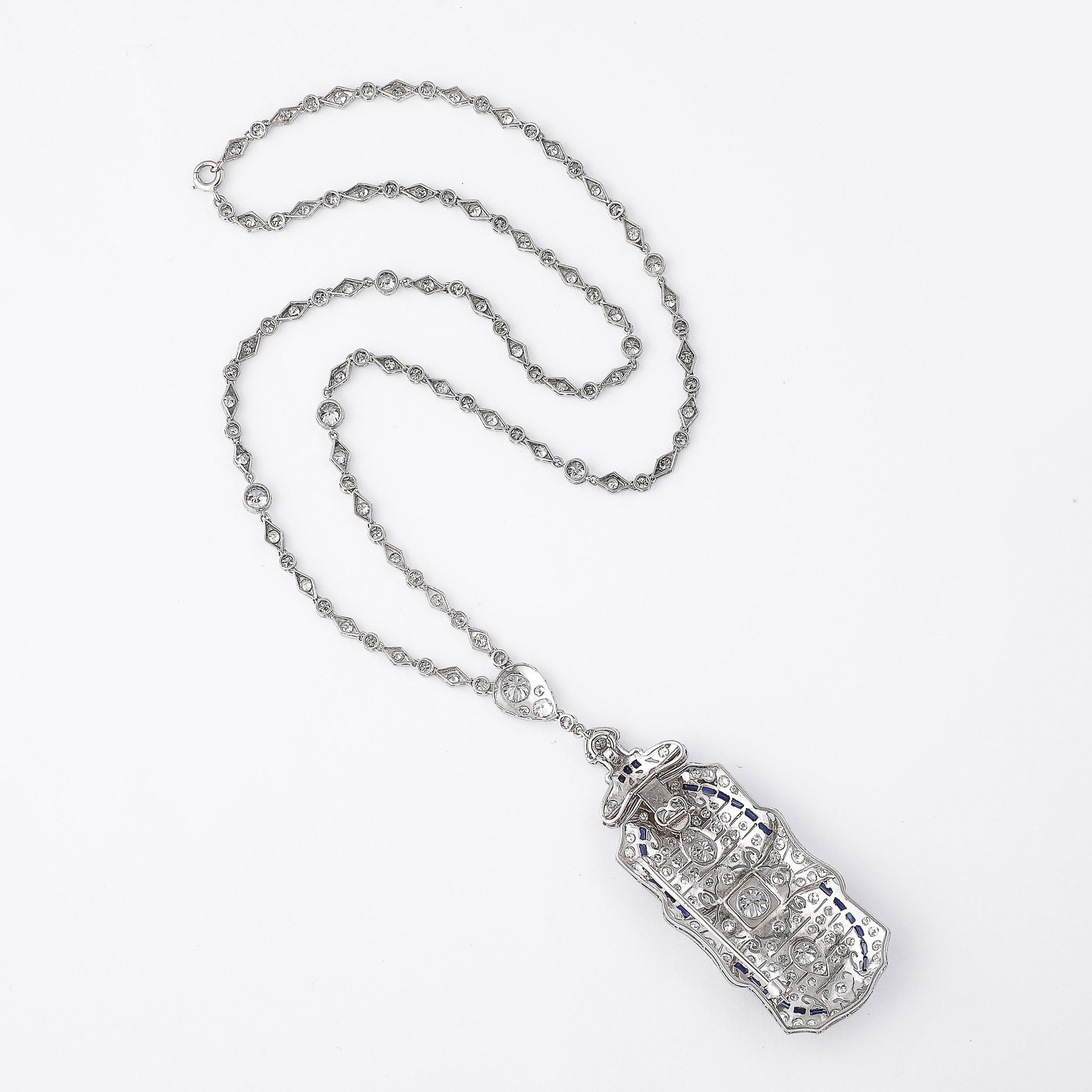 Art Deco Platinum & Diamond Chain Pendant/Brooch W/ Invisibly Set Sapphires 7