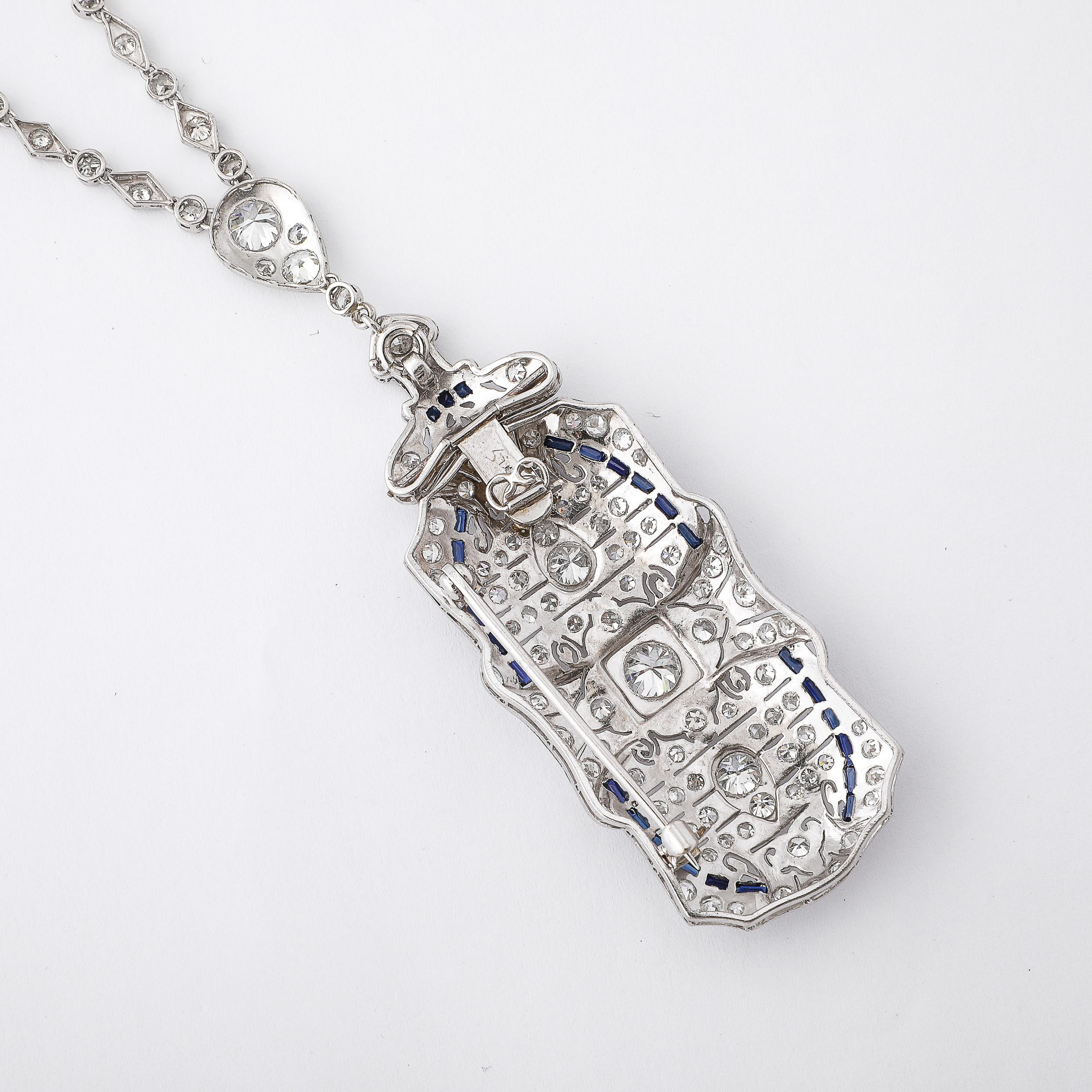 Art Deco Platinum & Diamond Chain Pendant/Brooch W/ Invisibly Set Sapphires 8