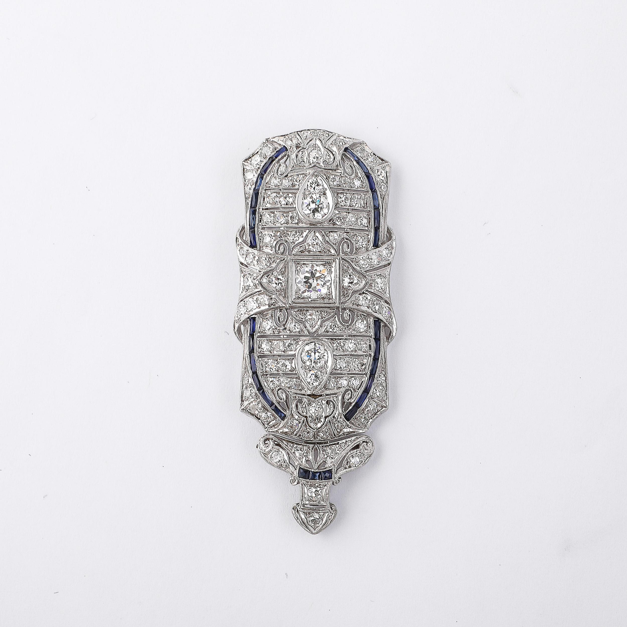 Art Deco Platinum & Diamond Chain Pendant/Brooch W/ Invisibly Set Sapphires 9