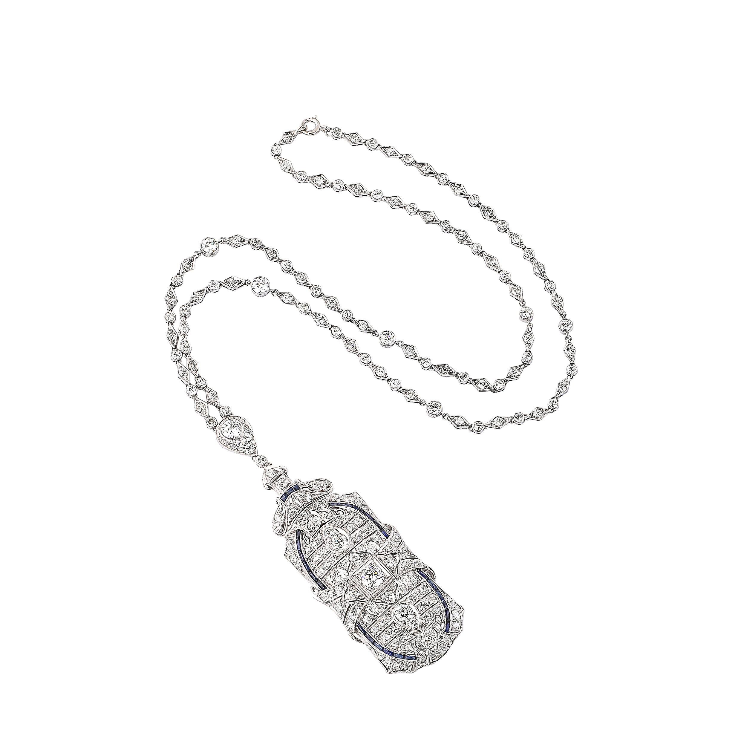 Old European Cut Art Deco Platinum & Diamond Chain Pendant/Brooch W/ Invisibly Set Sapphires