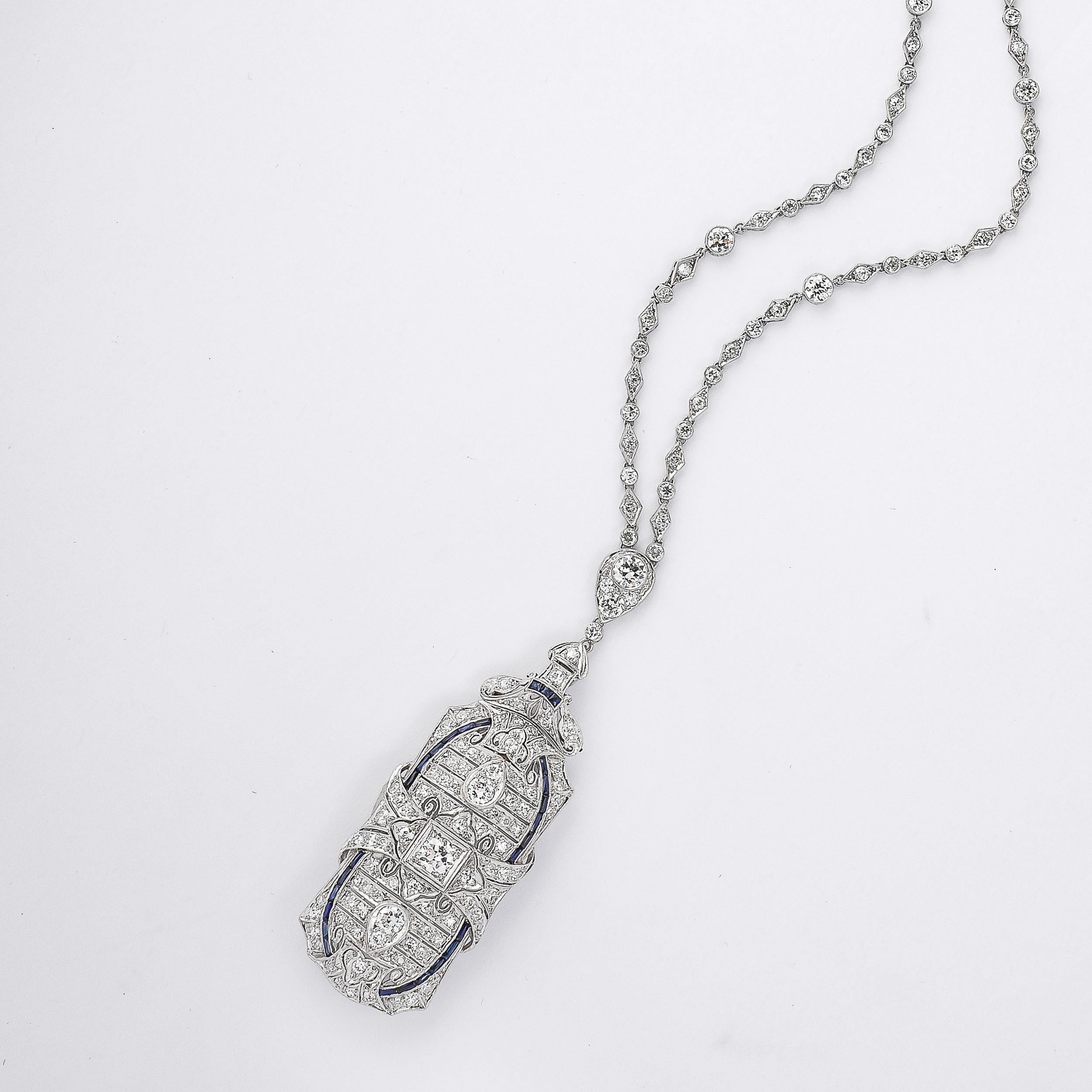 Art Deco Platinum & Diamond Chain Pendant/Brooch W/ Invisibly Set Sapphires In Excellent Condition In New York, NY