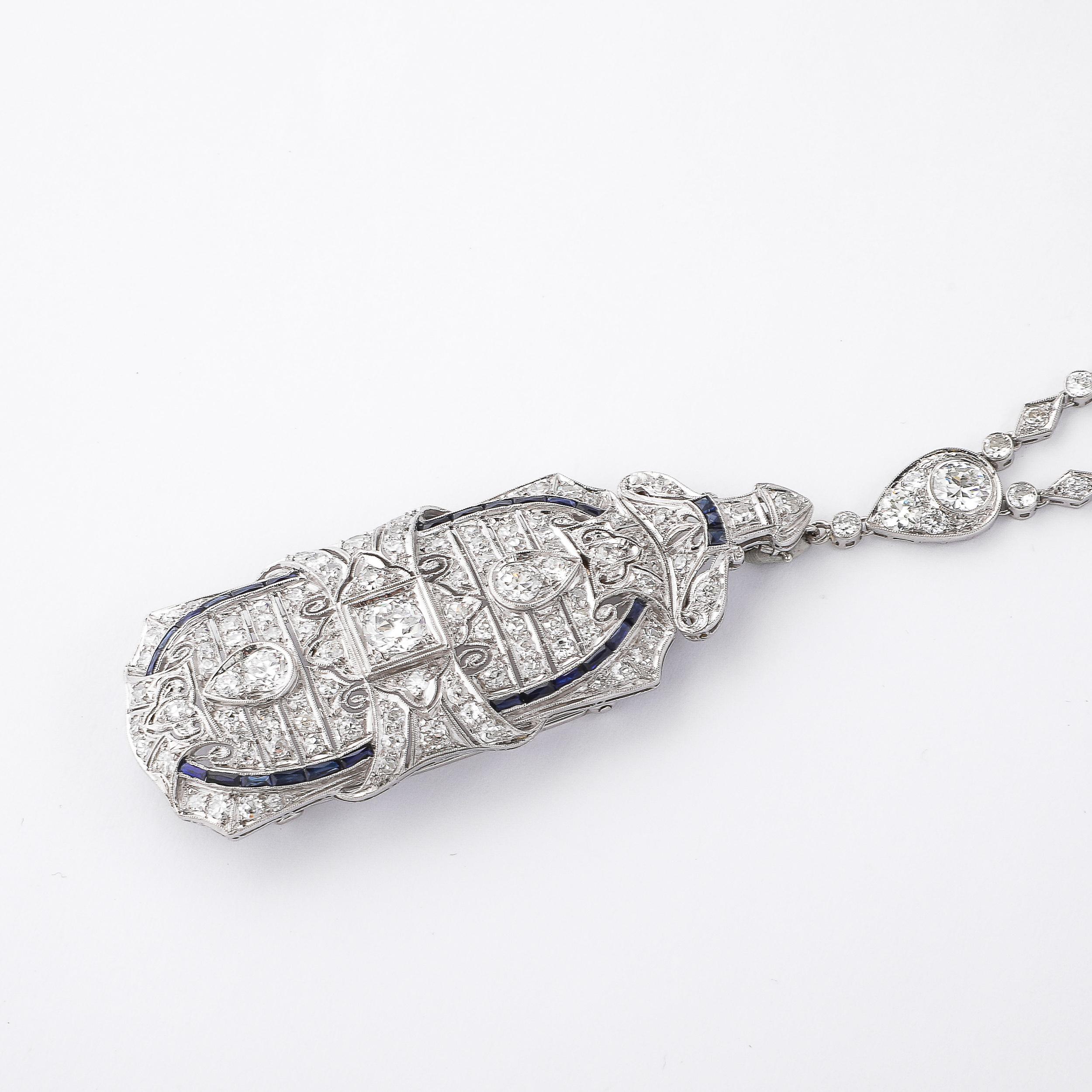 Art Deco Platinum & Diamond Chain Pendant/Brooch W/ Invisibly Set Sapphires 2
