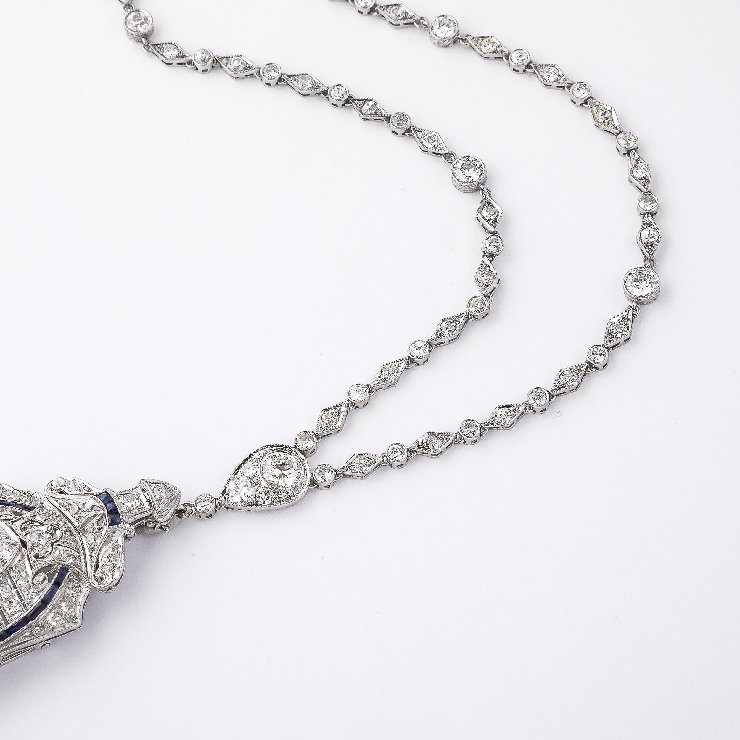 Art Deco Platinum & Diamond Chain Pendant/Brooch W/ Invisibly Set Sapphires 3