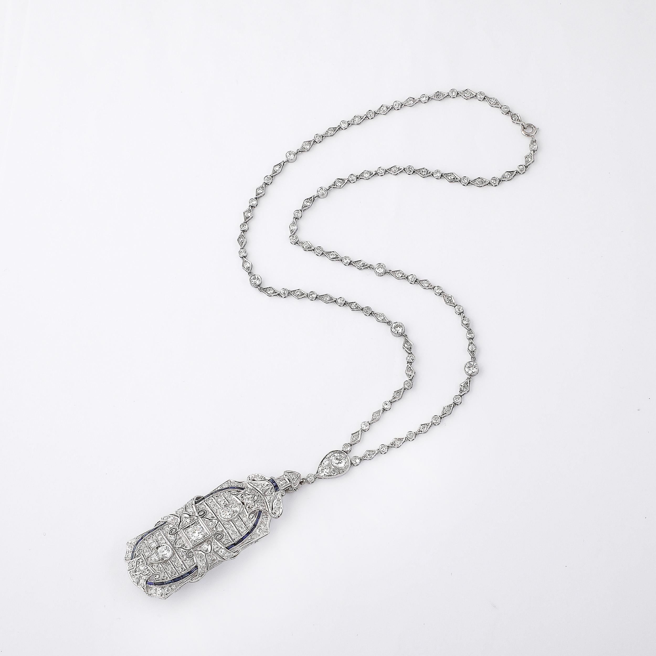 Art Deco Platinum & Diamond Chain Pendant/Brooch W/ Invisibly Set Sapphires 4