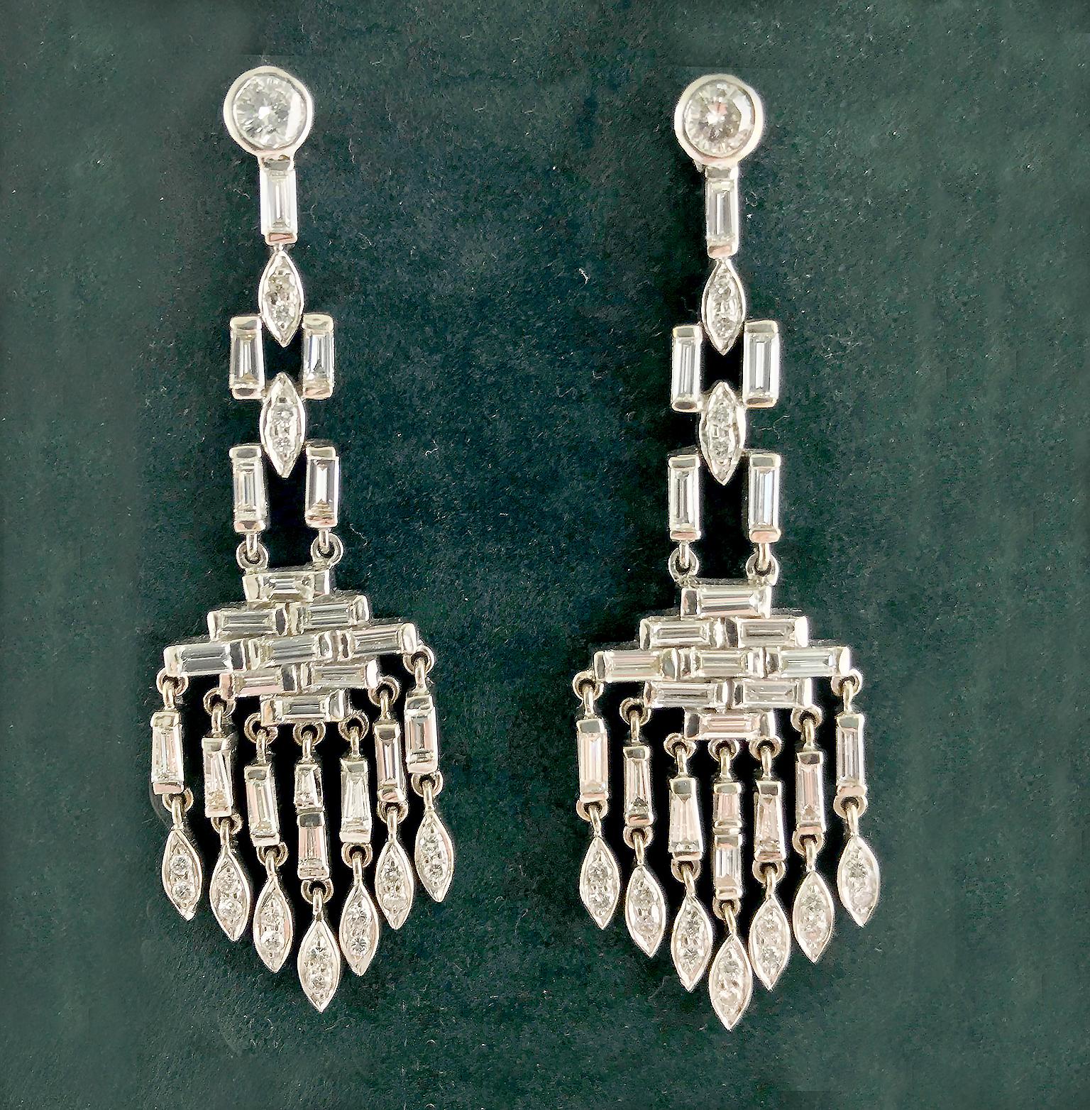 Marquise Cut Art Deco Platinum Diamond Chandelier Earrings, circa 1930