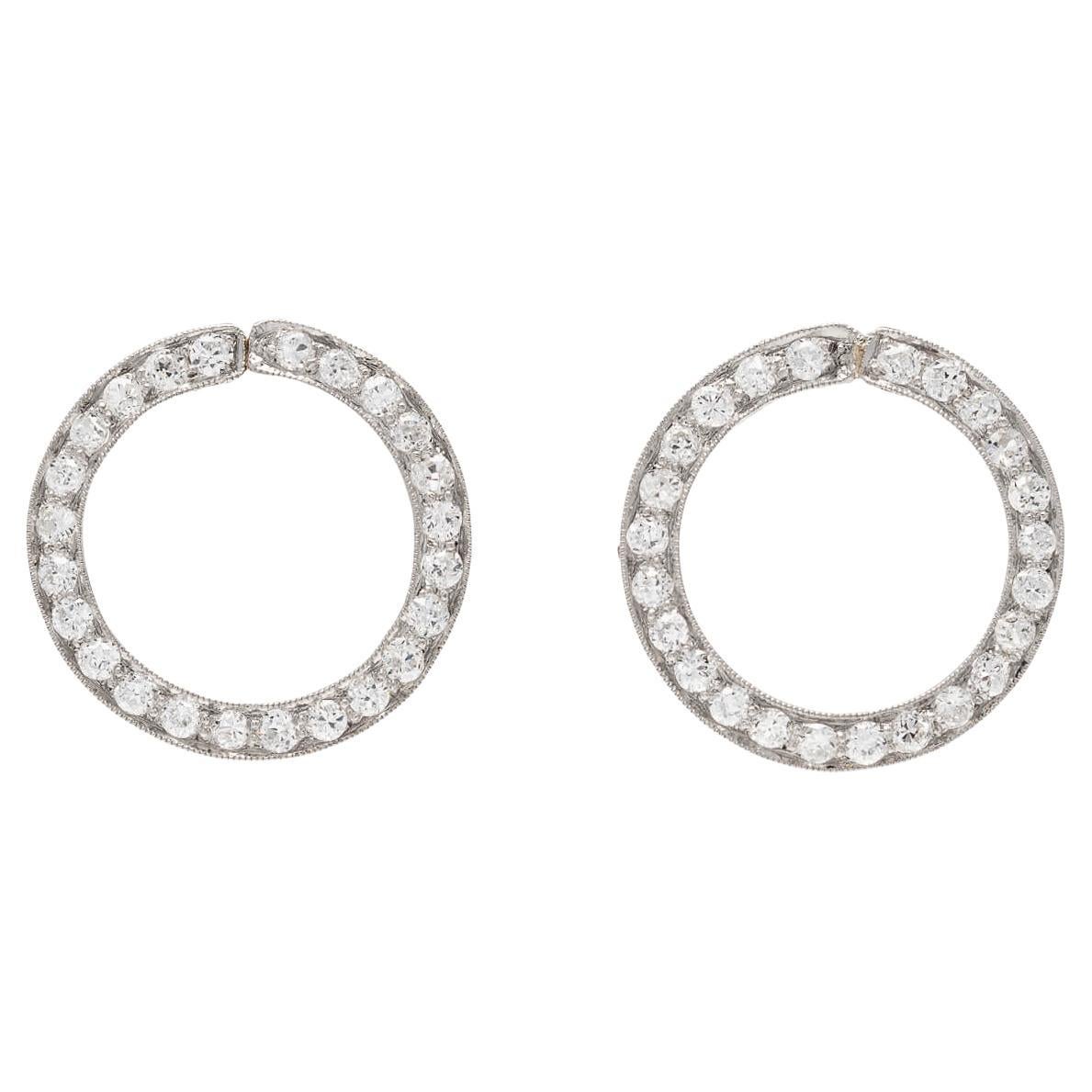 Art Deco Platinum + Diamond Circle Earrings 2ctw