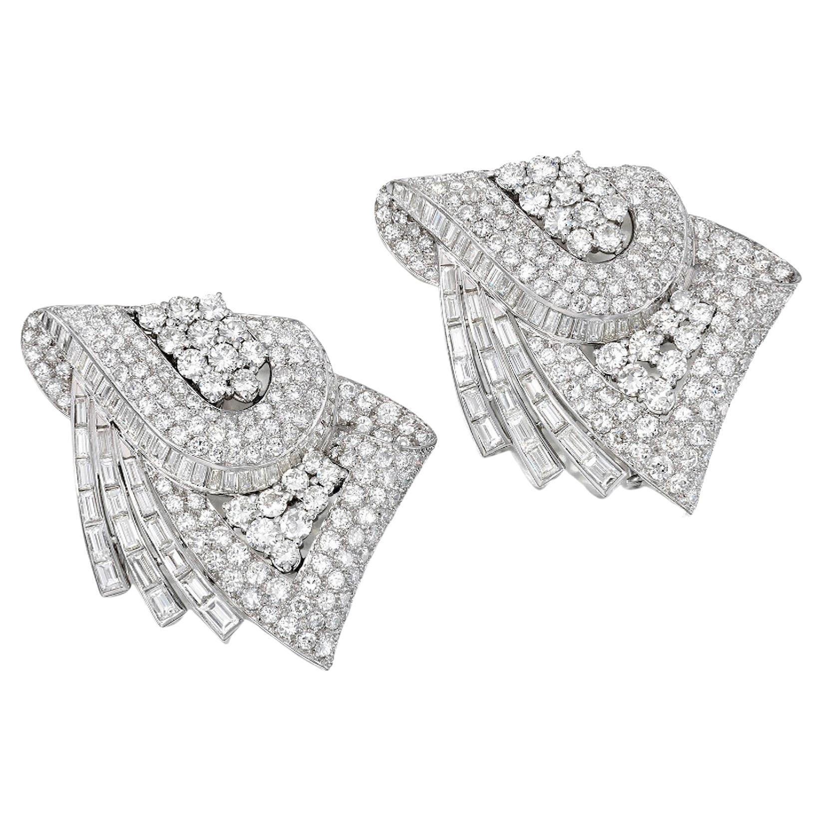 Art Deco Platinum Diamond Clip Brooches For Sale